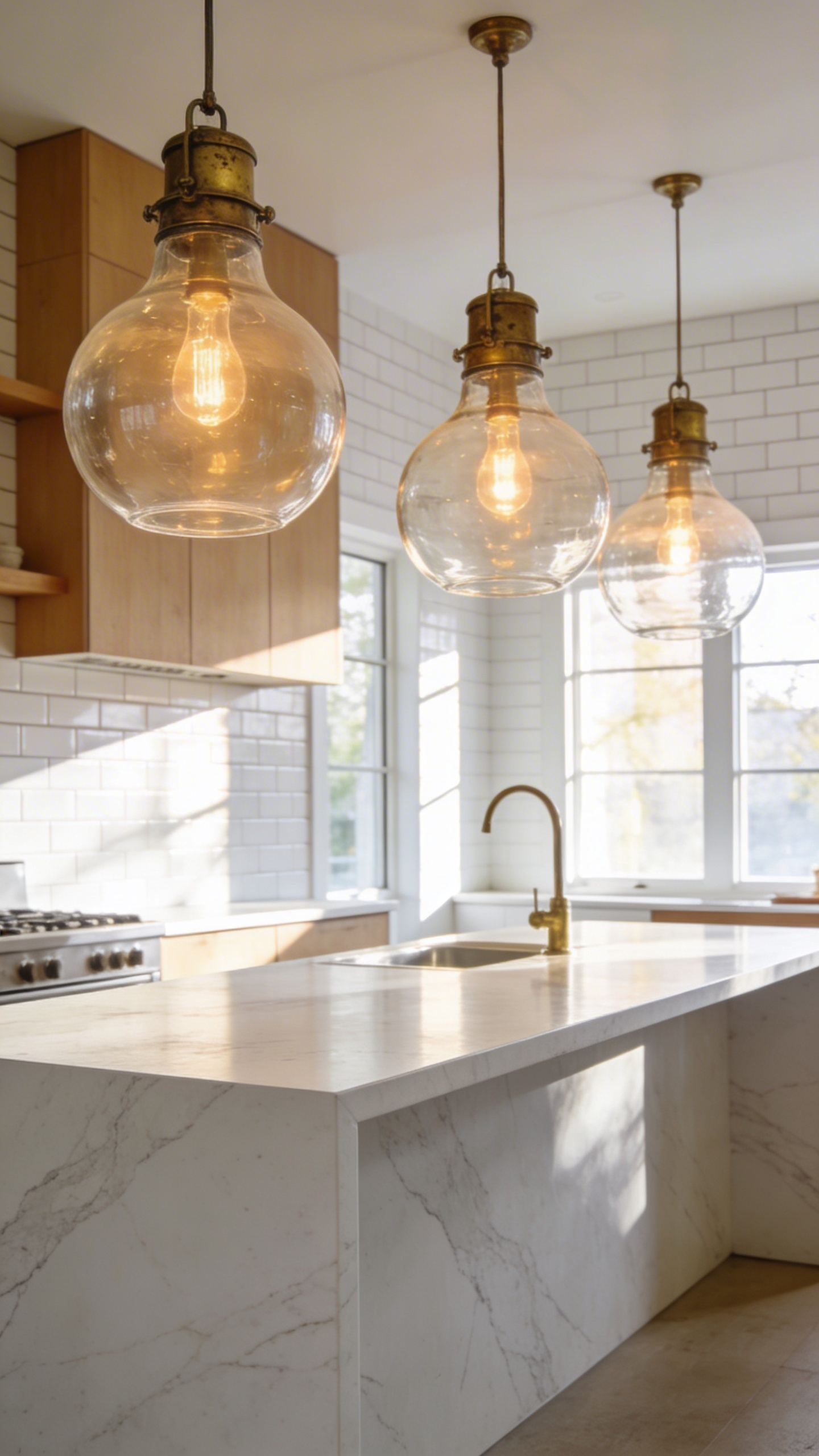 A bright modern kitchen featuring sustainable glass and brass pendant lighting fixtures over a marble island with ceramic wall tiles.