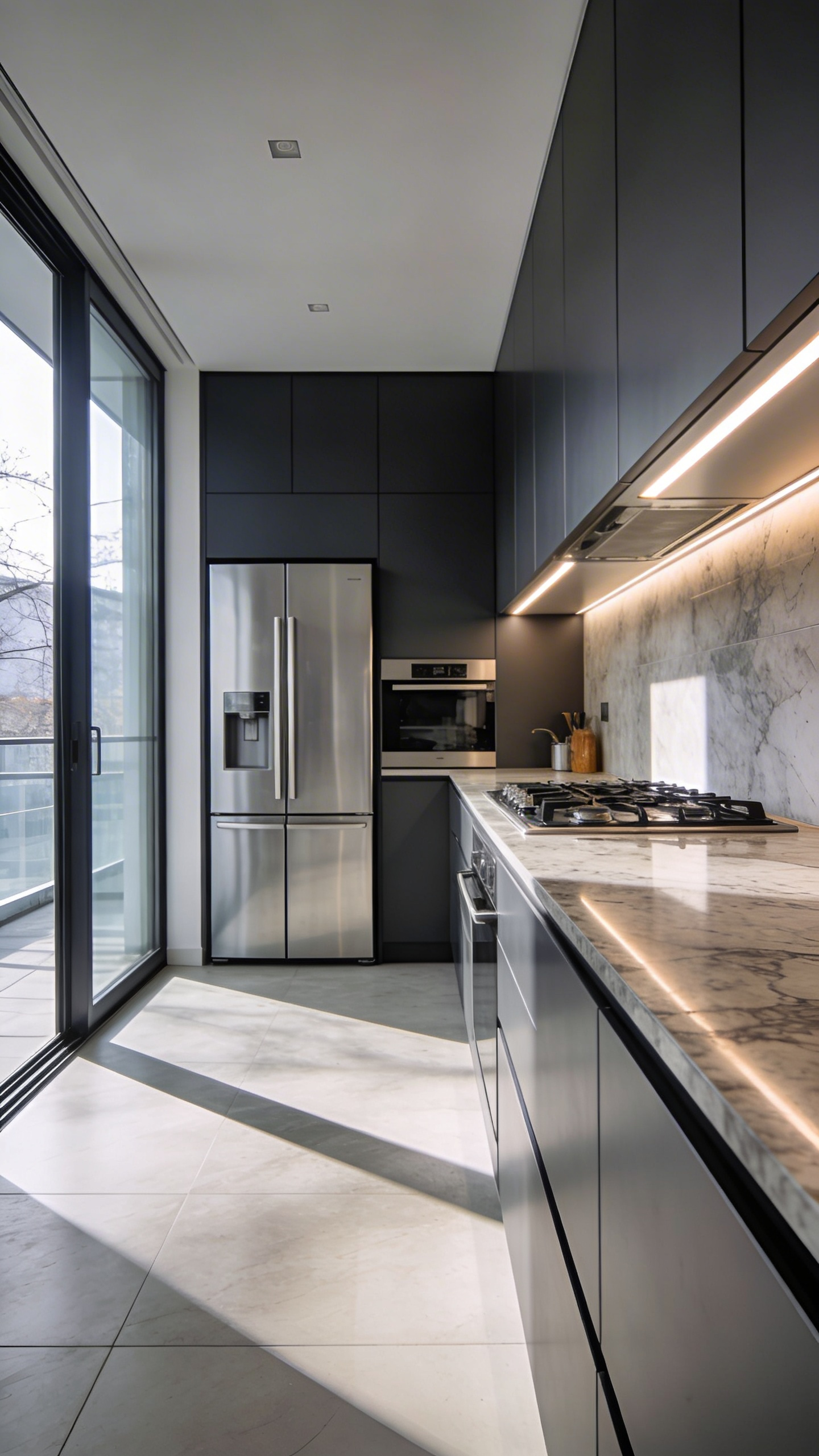 High-end modern kitchen featuring seamless under-cabinet task lighting illuminating a clutter-free stone countertop.