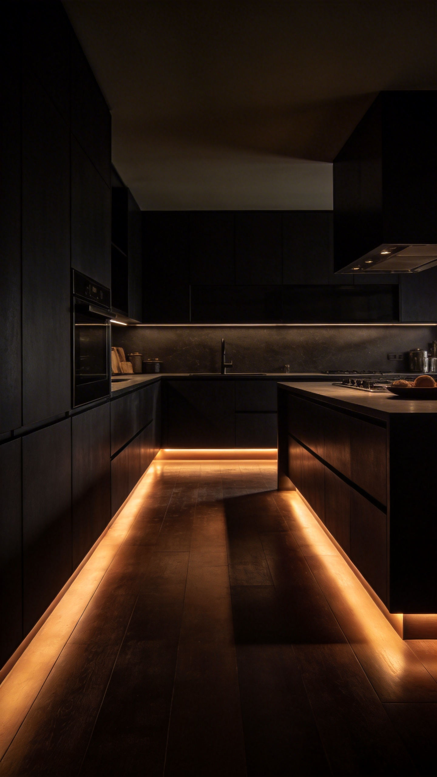 A sleek modern kitchen at night with warm amber LED toe-kick lighting illuminating the floor underneath dark minimalist cabinets.