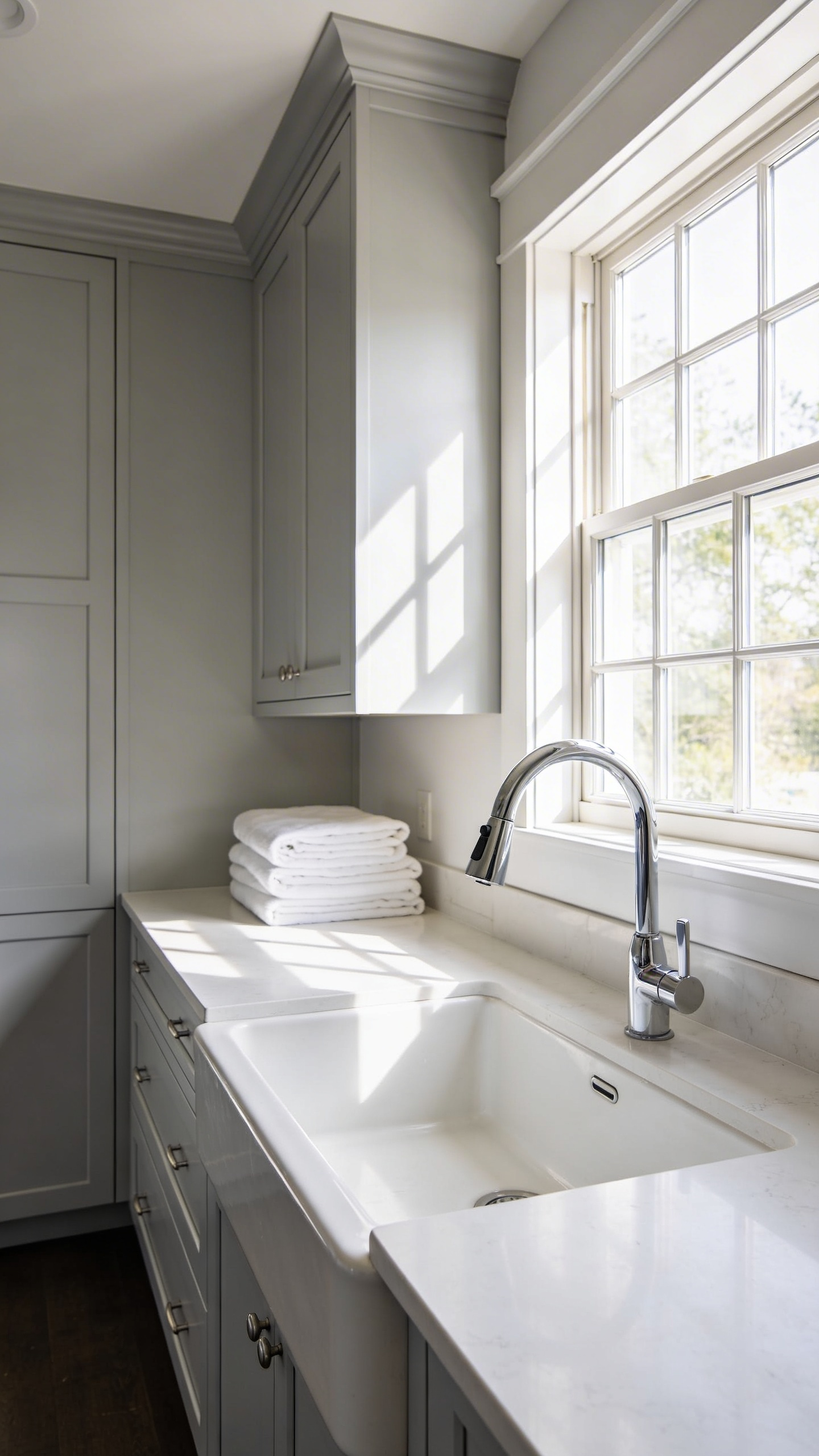 A modern laundry room featuring a deep white fireclay utility sink with a sleek hands-free faucet and light grey cabinetry.