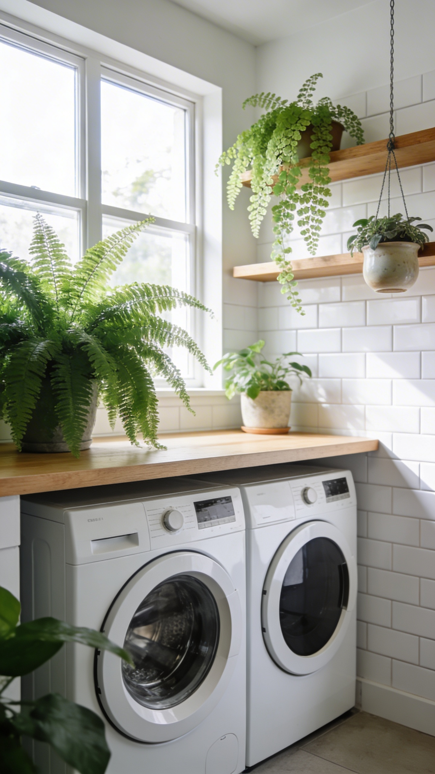 A modern laundry room with white cabinetry, wood accents, and several lush green ferns placed on shelves to purify the air and regulate humidity.
