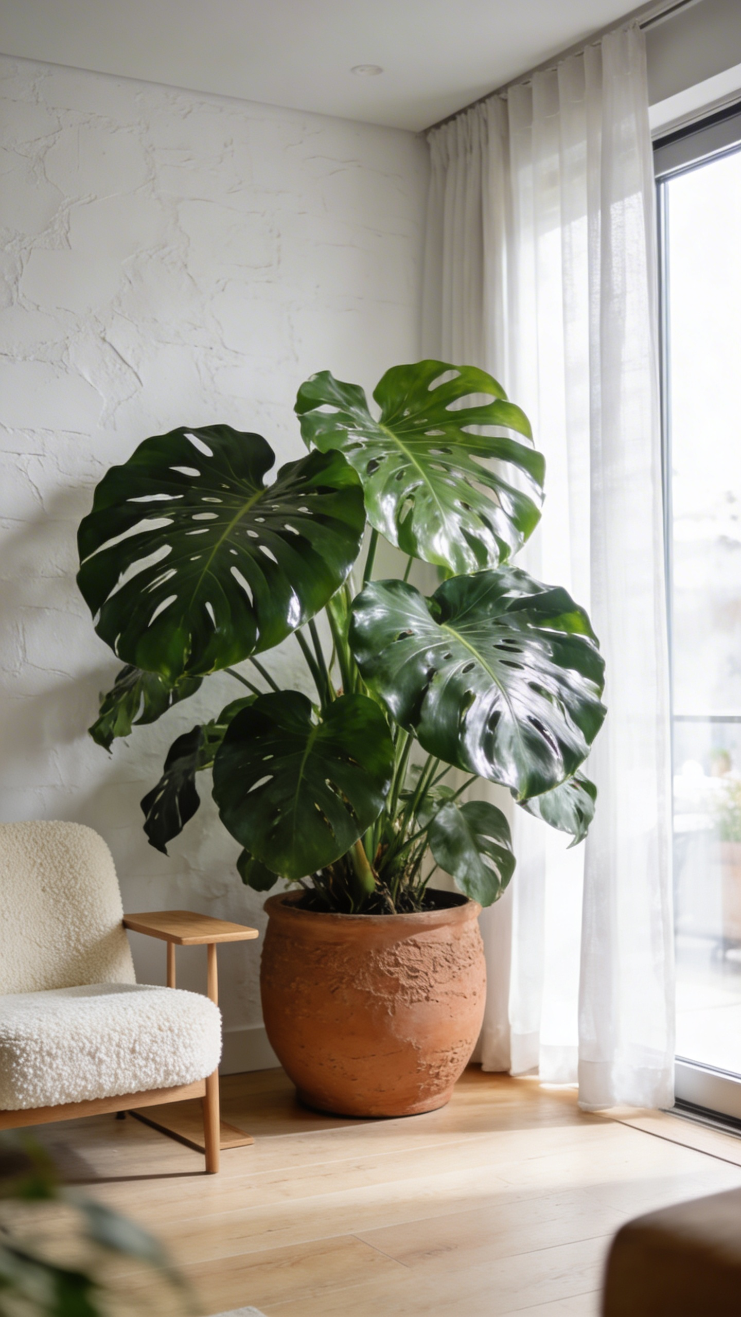 A massive, healthy Monstera Deliciosa houseplant thriving in a bright, indirect light pocket next to a sheer-curtained window in a modern, light-filled living room.