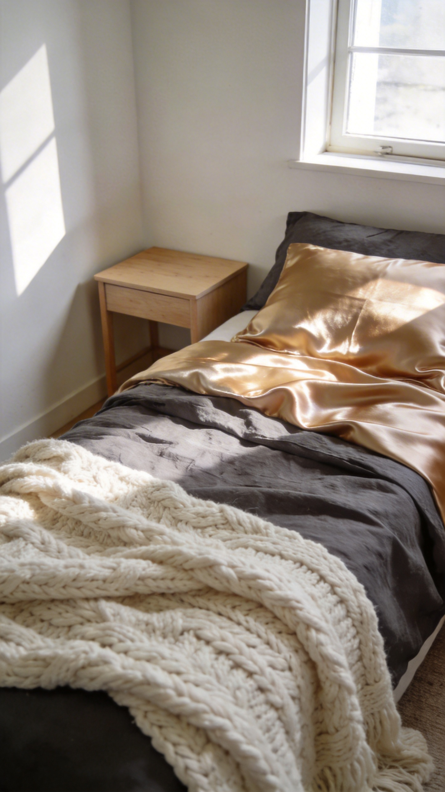 A small bedroom with a bed styled using layered silk, washed cotton, and chunky knit textiles to demonstrate texture-based decor.