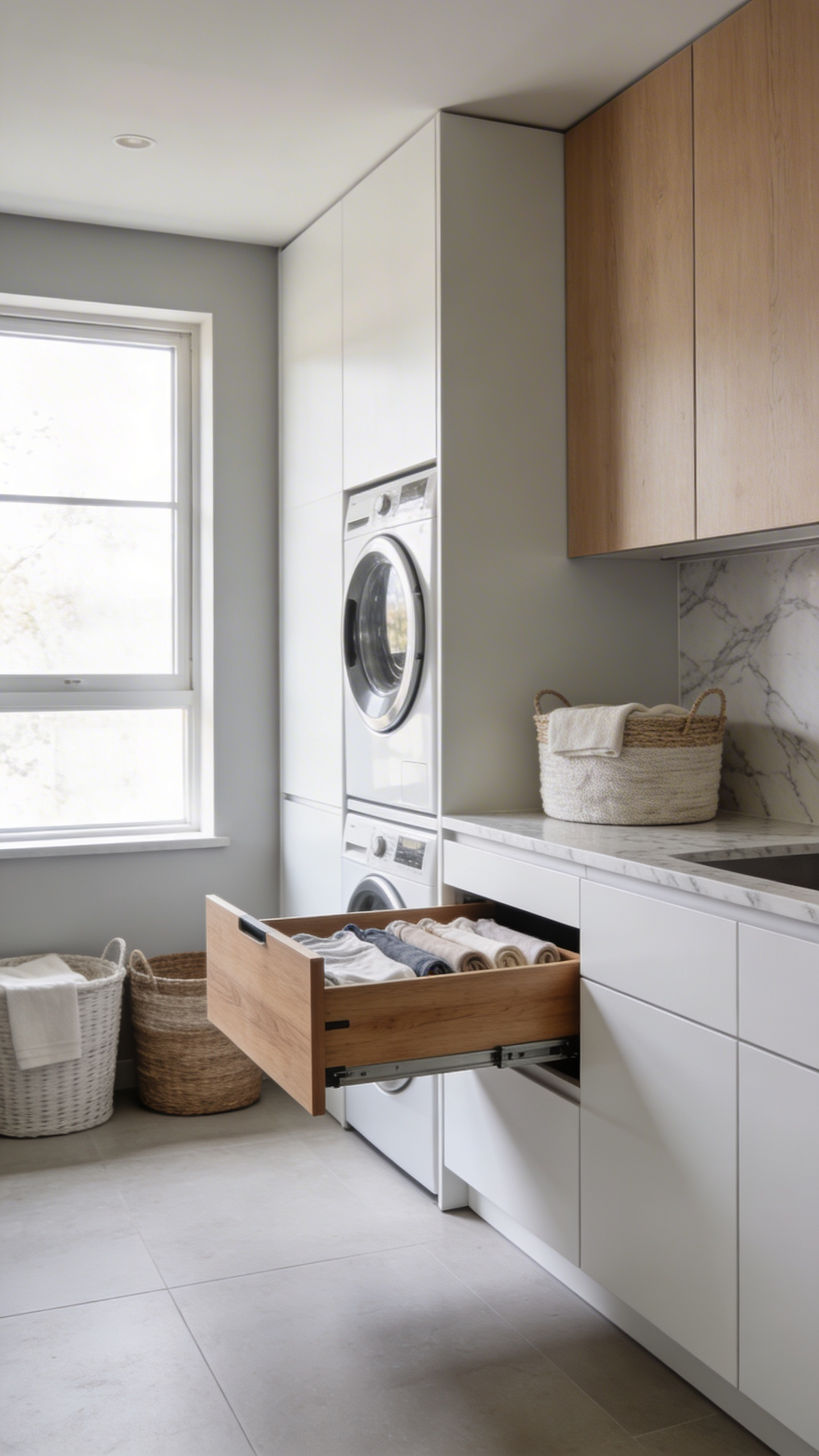 A modern laundry room showcasing a retractable wooden pull-out folding station integrated into clean white cabinetry for a clutter-free design.