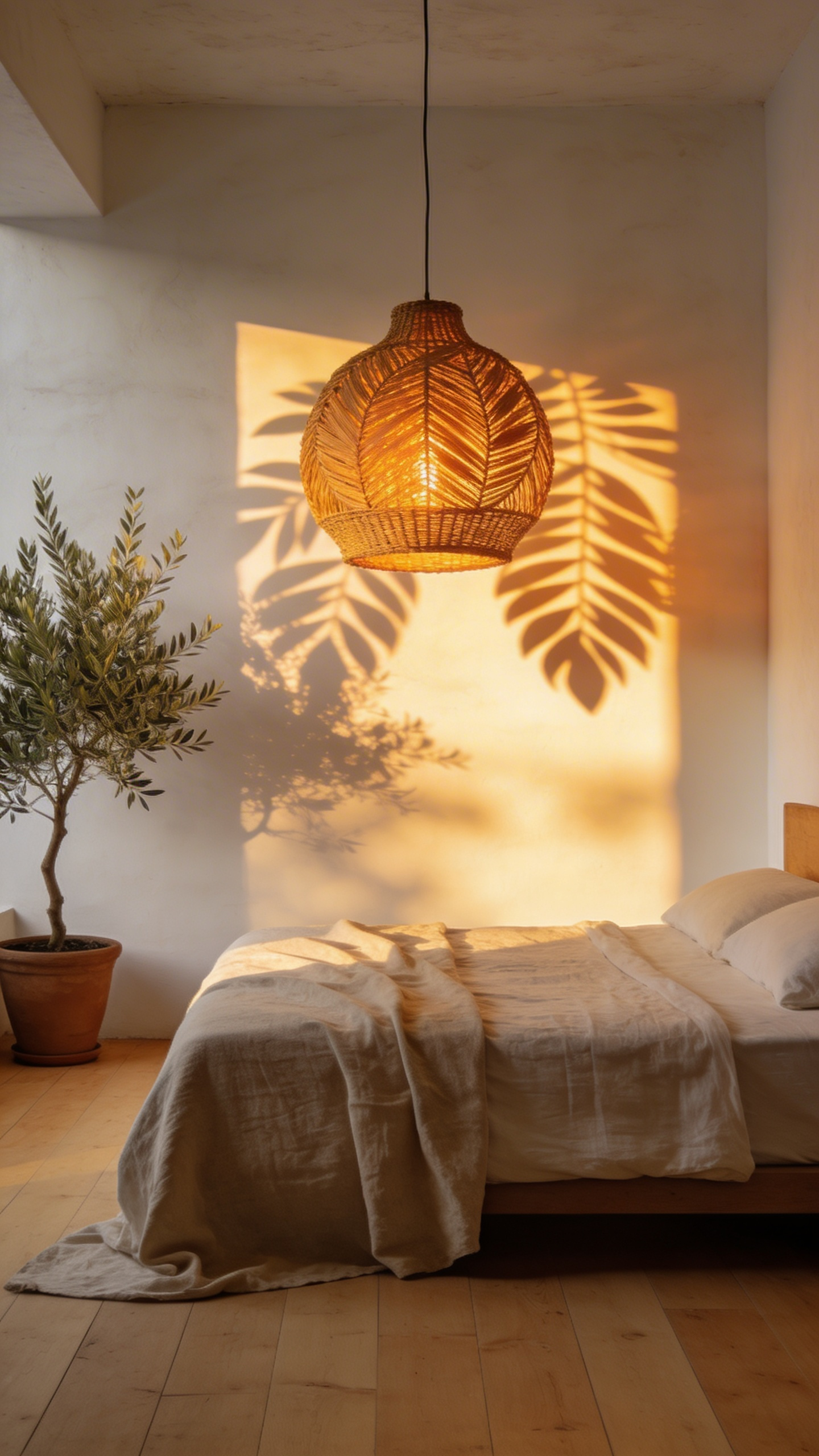 A modern bedroom featuring a woven rattan pendant light that casts dappled, leaf-like shadows on the walls and bed, creating a biophilic atmosphere.