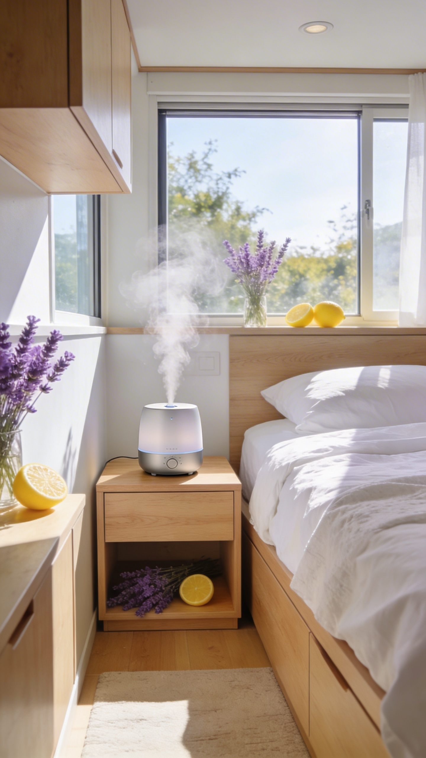 A bright, minimalist small bedroom featuring a modern essential oil diffuser on a nightstand and light-filled decor.