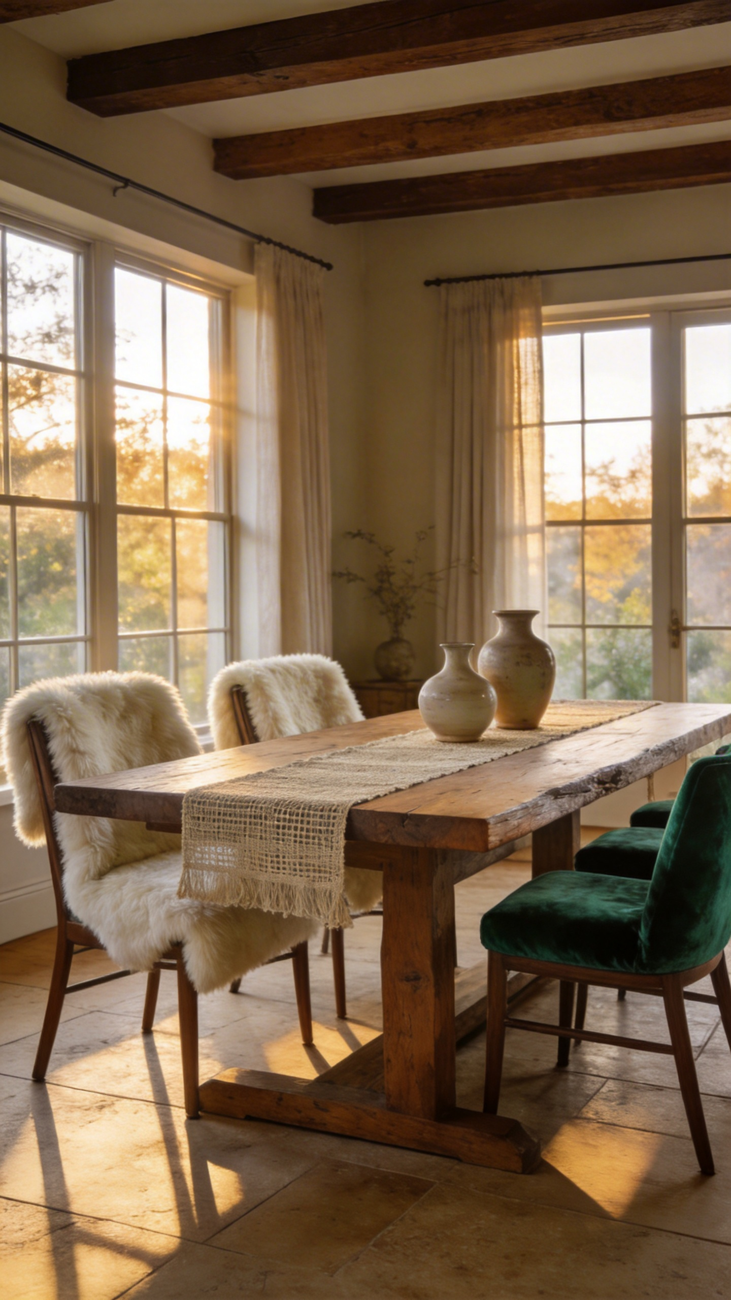 An elegantly styled dining room featuring a wooden table with unglazed ceramics, linen textiles, velvet chair pads, and shearling throws to demonstrate seasonal decor transitions.