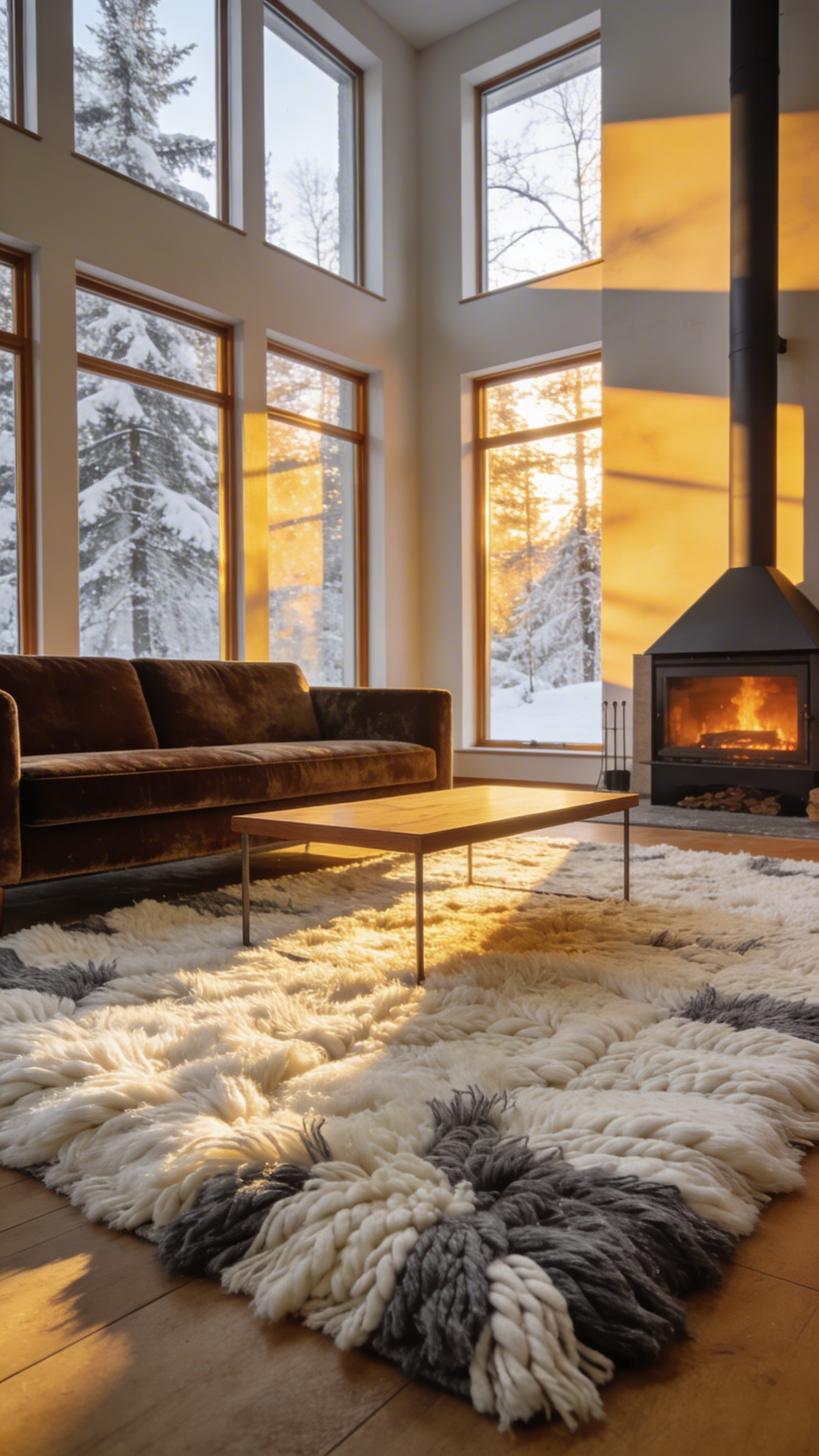 A bright, modern living room with a large textured rug serving as the seasonal foundation for a cozy winter interior.