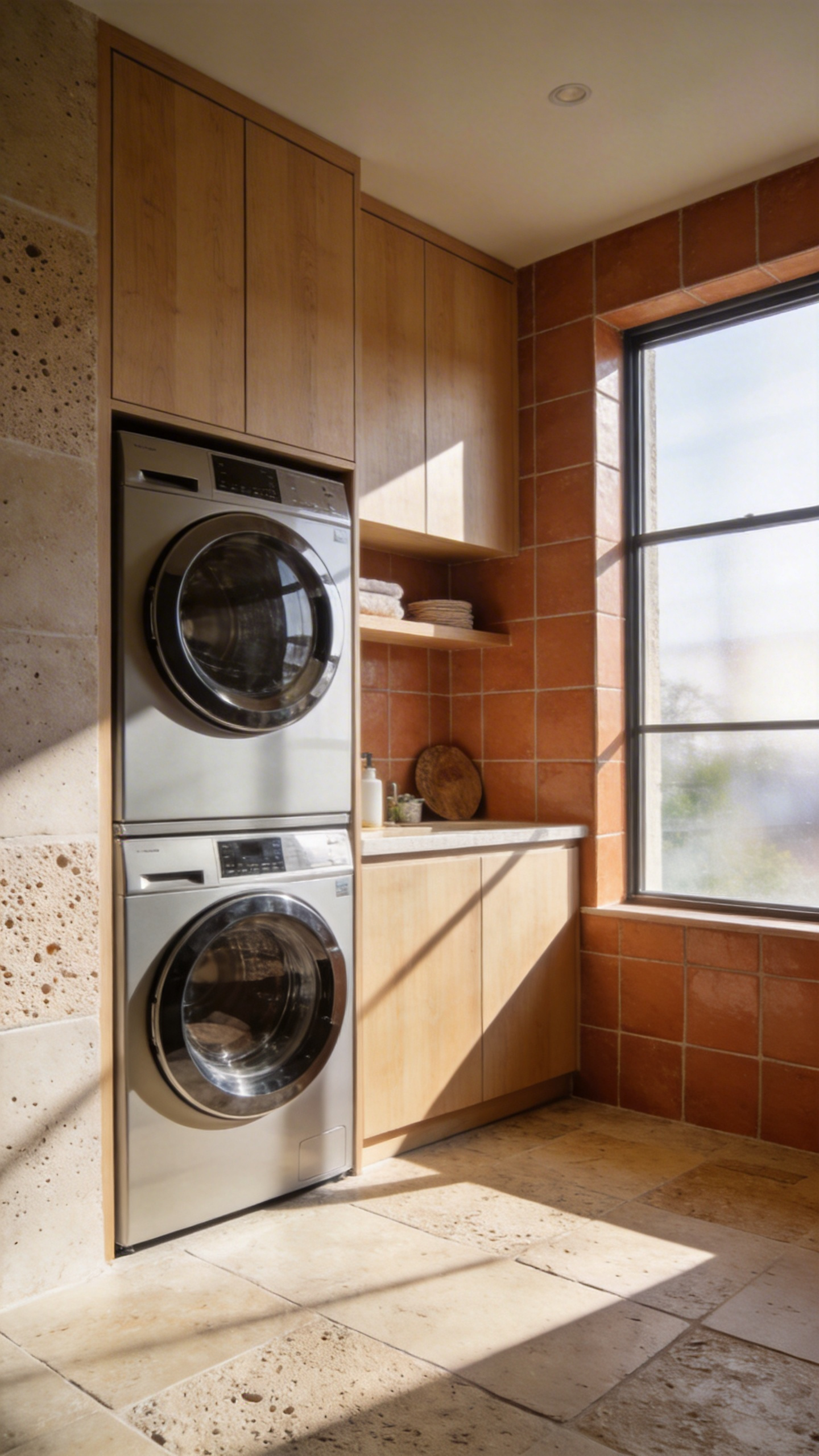 A serene and organized laundry room featuring honed limestone floors and terracotta tile accents in soft natural light.