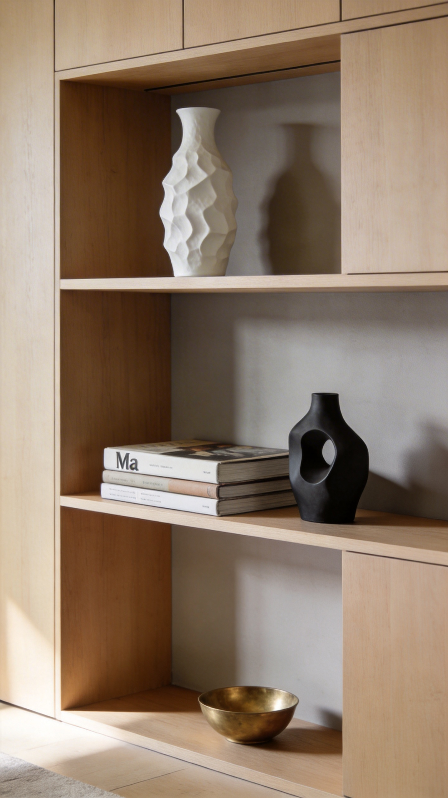A photograph of modern open living room shelving intentionally styled with significant negative space surrounding curated objects like a tall cream ceramic vase, stacked art books, and a simple sculpture, demonstrating the concept of Ma.