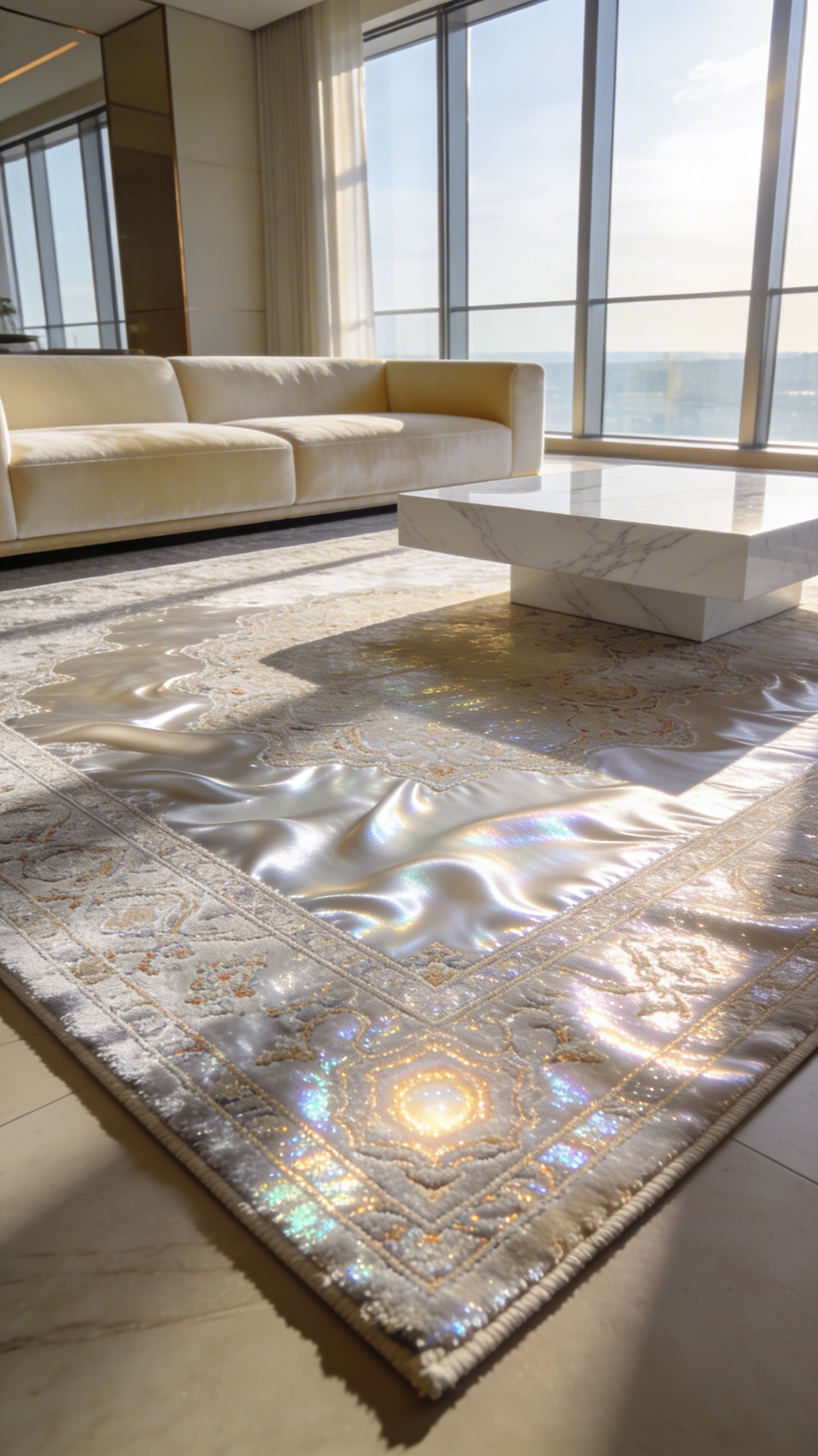 A high-end living room featuring a luxurious silk-blend rug with a shimmering iridescent finish and soft morning light.