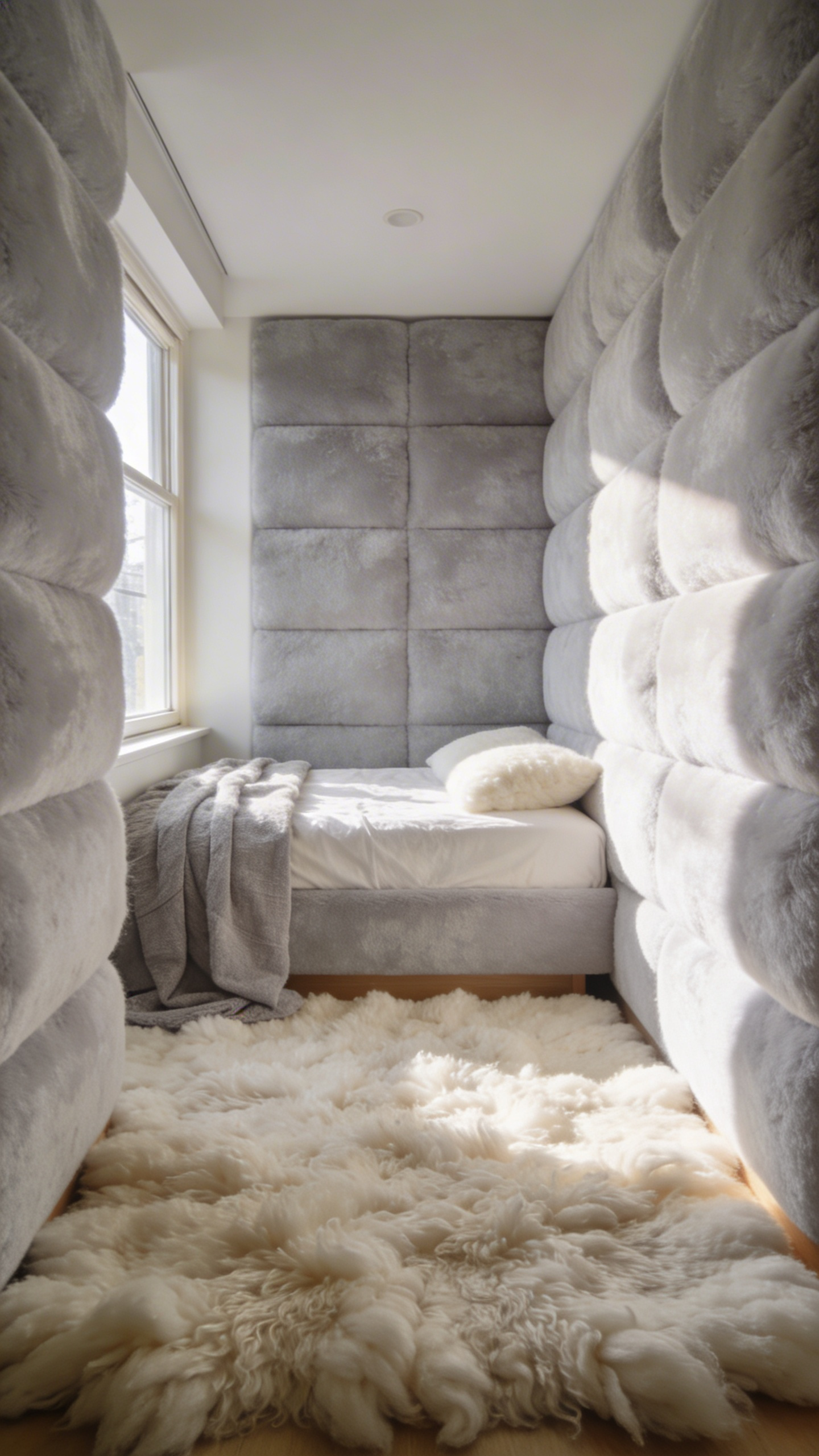 A serene small bedroom with a thick white wool rug and a grey upholstered headboard designed for acoustic softening.