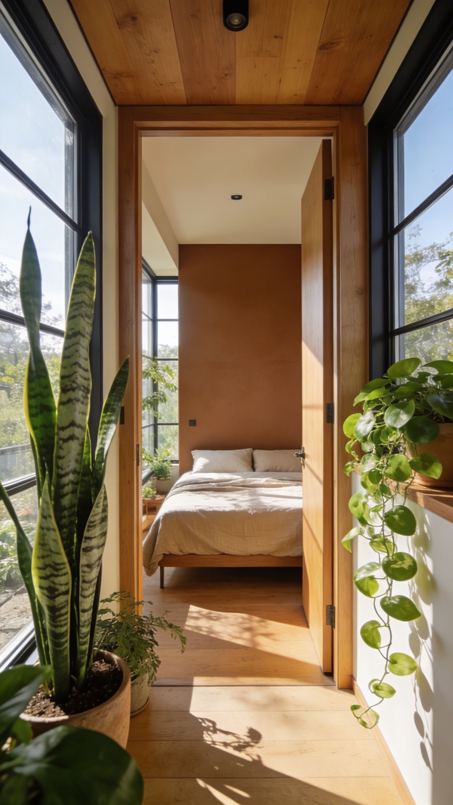 A small bedroom featuring biophilic decor with many green plants and a bed positioned for spatial security according to prospect-refuge theory.