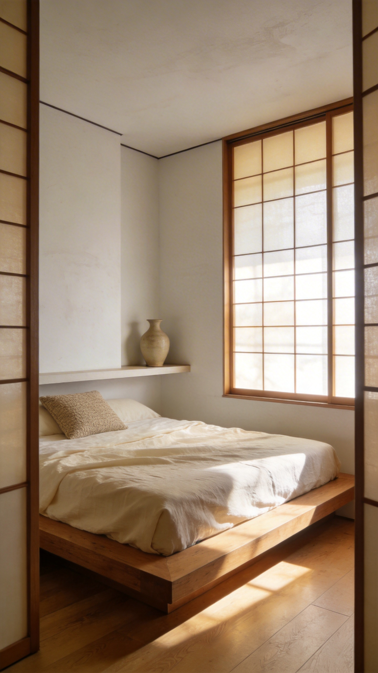 A small minimalist bedroom featuring a low wooden bed and soft natural lighting that creates a sense of peaceful retreat and mental expansion.