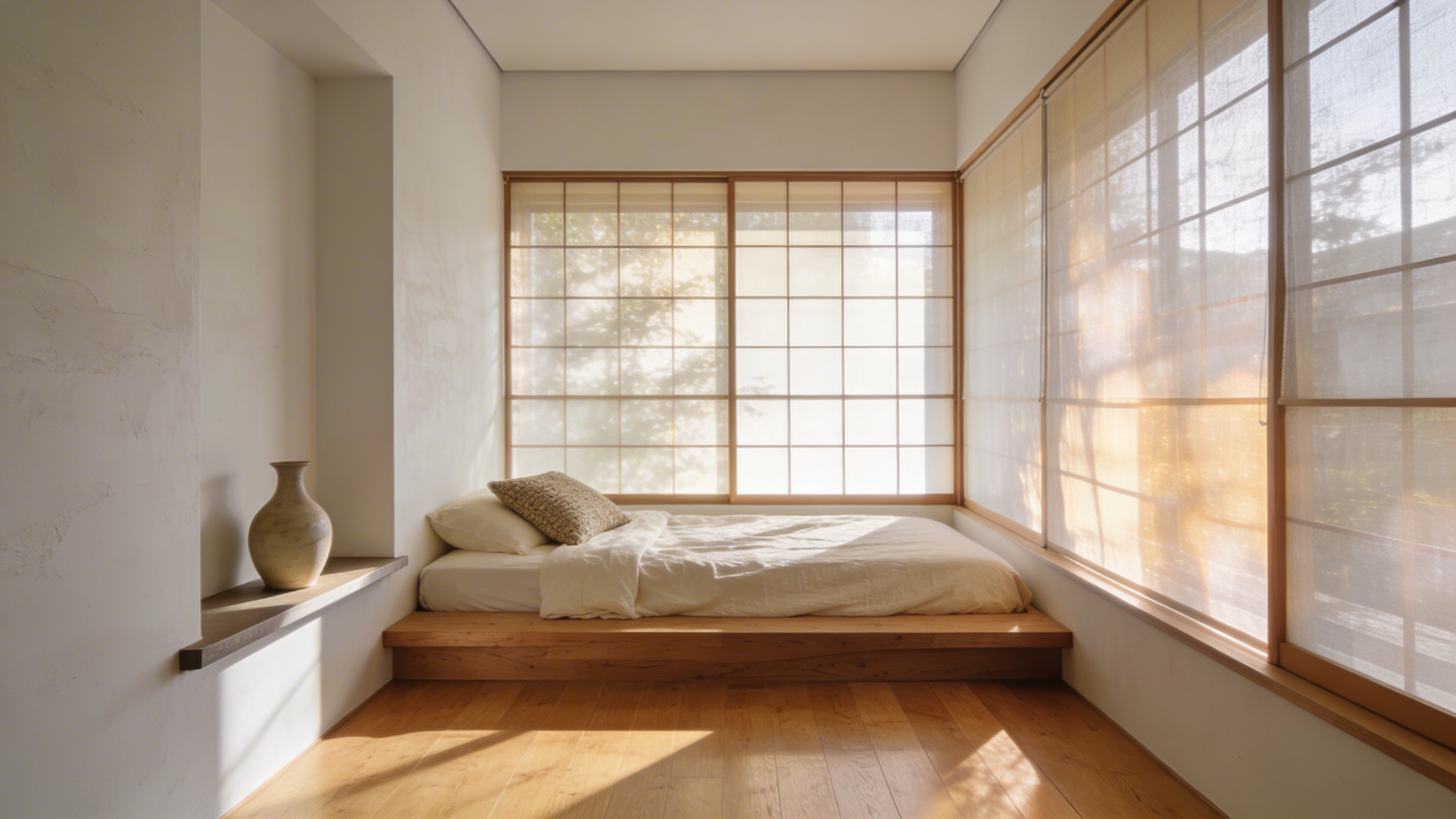 A small minimalist bedroom featuring a low wooden bed and soft natural lighting that creates a sense of peaceful retreat and mental expansion.