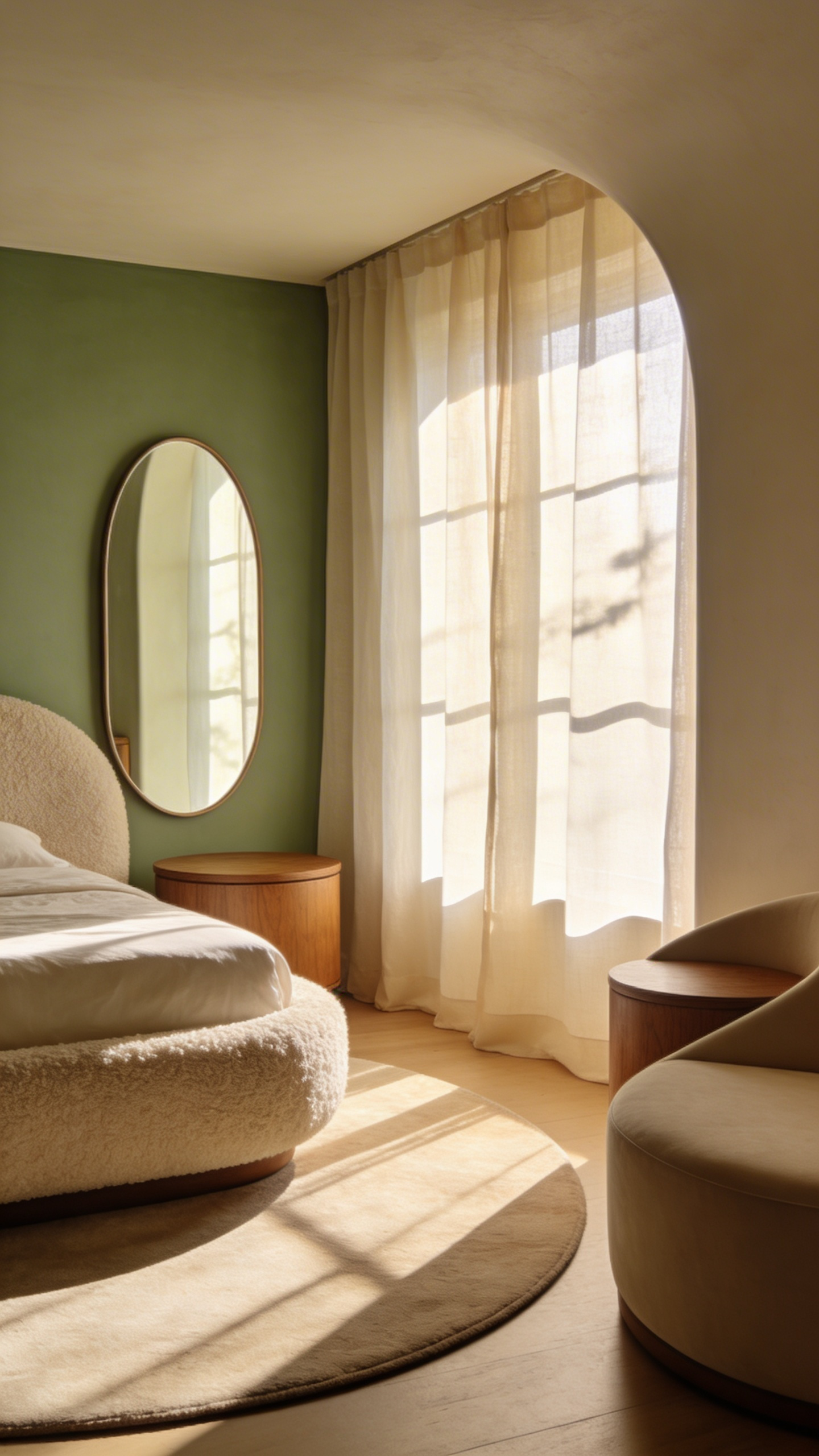 A small, cozy bedroom featuring curved furniture like a rounded headboard and circular nightstands to create a safe and calming atmosphere.