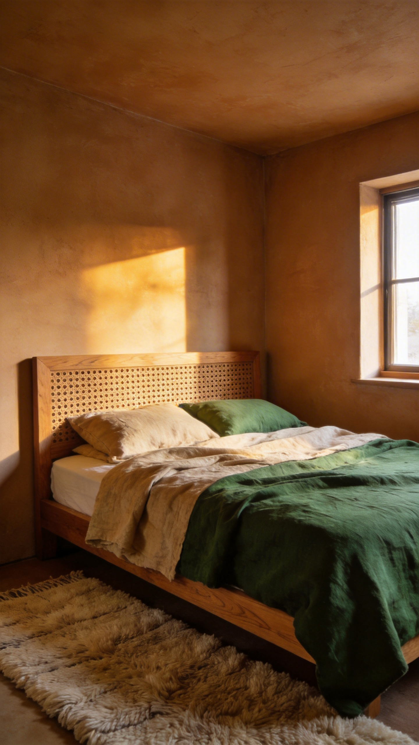 A small bedroom featuring a textured wood headboard and heavy linen bedding bathed in warm sunlight to showcase material resonance.