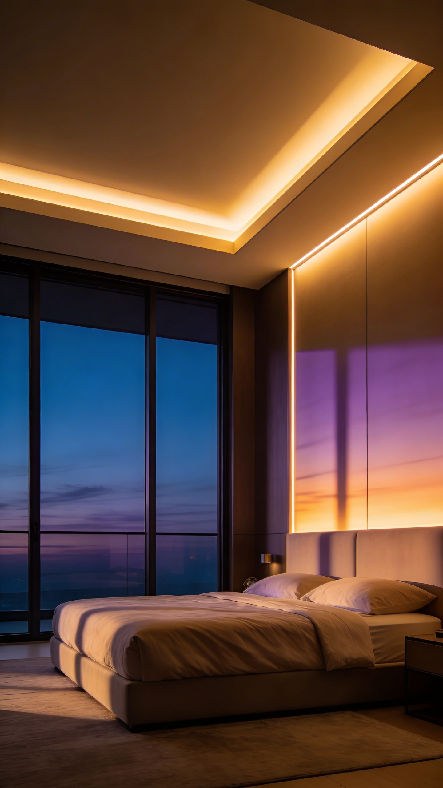 A luxurious modern bedroom featuring warm amber smart lighting programmed to mimic a natural sunset for sleep preparation.