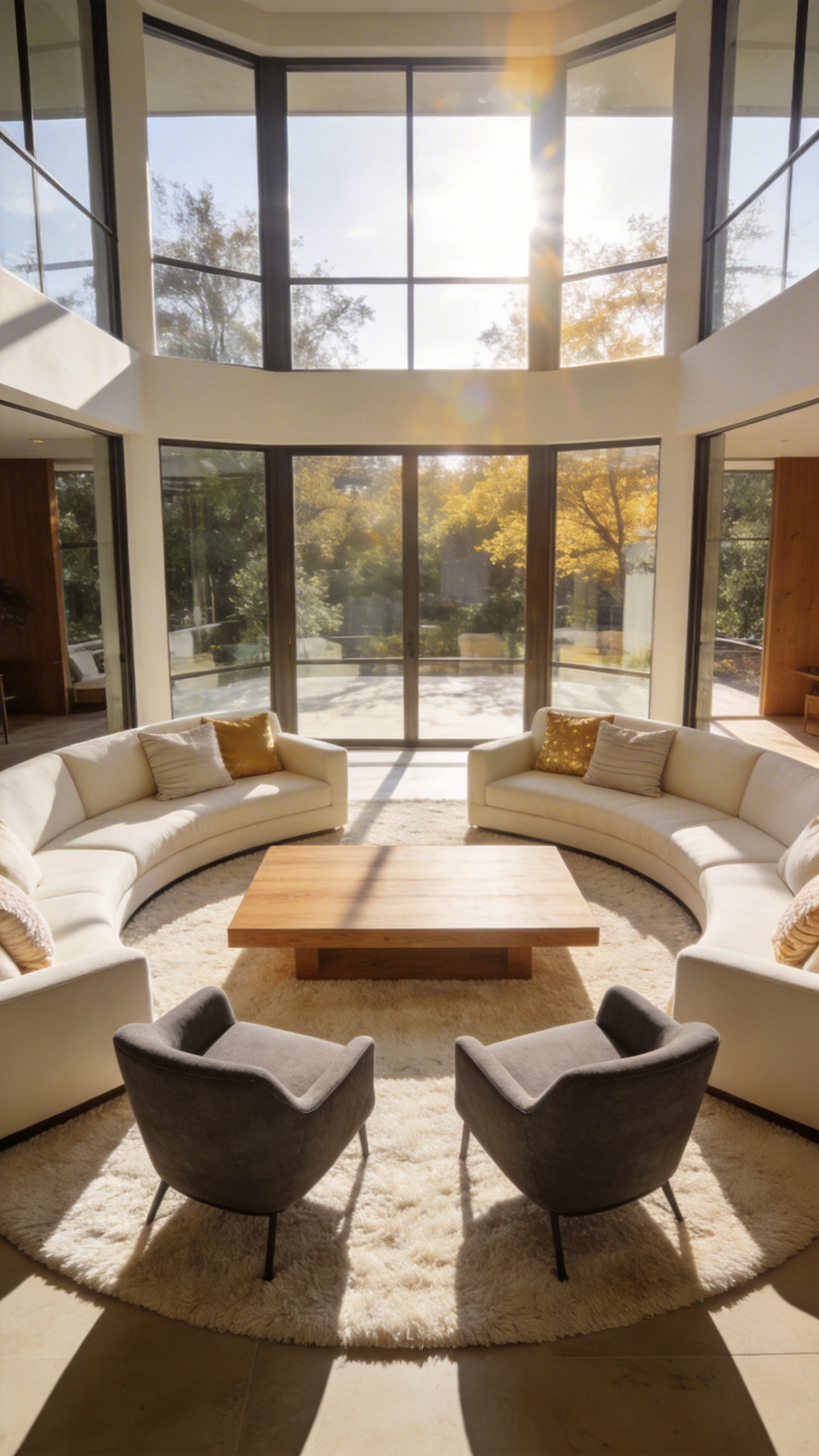 A modern living room with a sociopetal layout featuring furniture arranged in a circle to foster social connection and conversation.