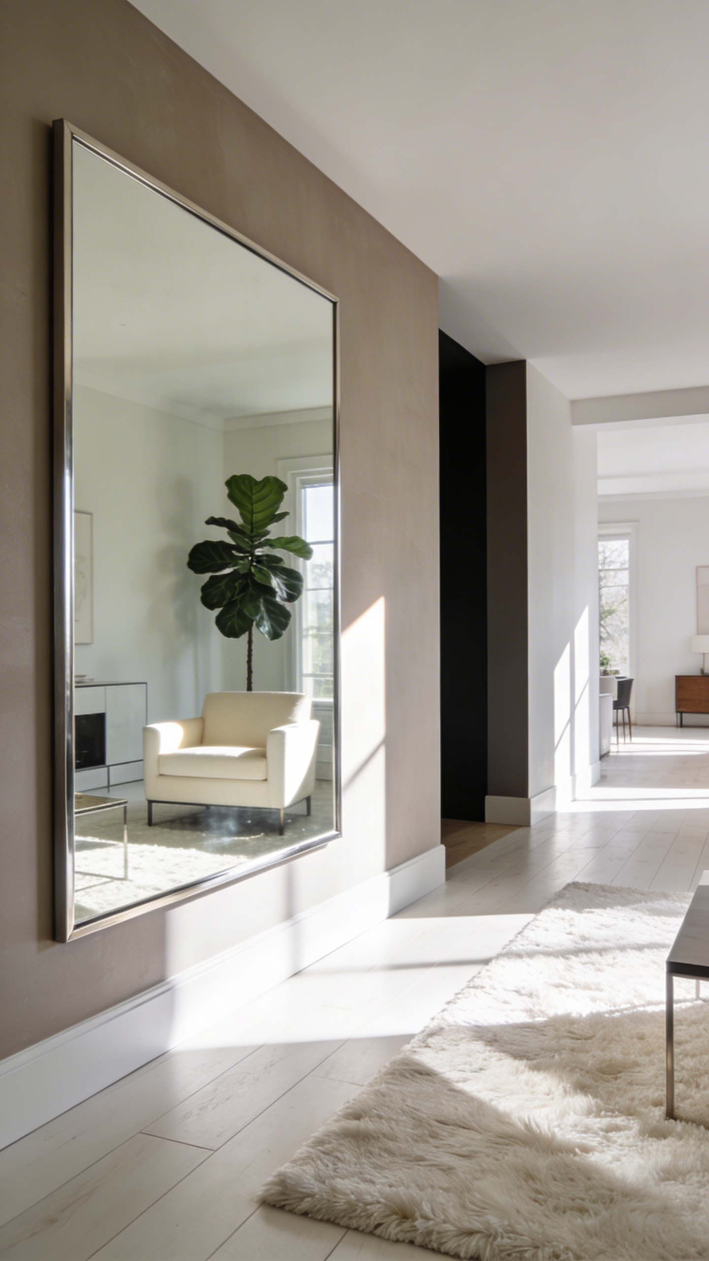 A photograph of a bright living room where a large wall mirror strategically bounces natural light from a window into a dark corner, visually enlarging the space.