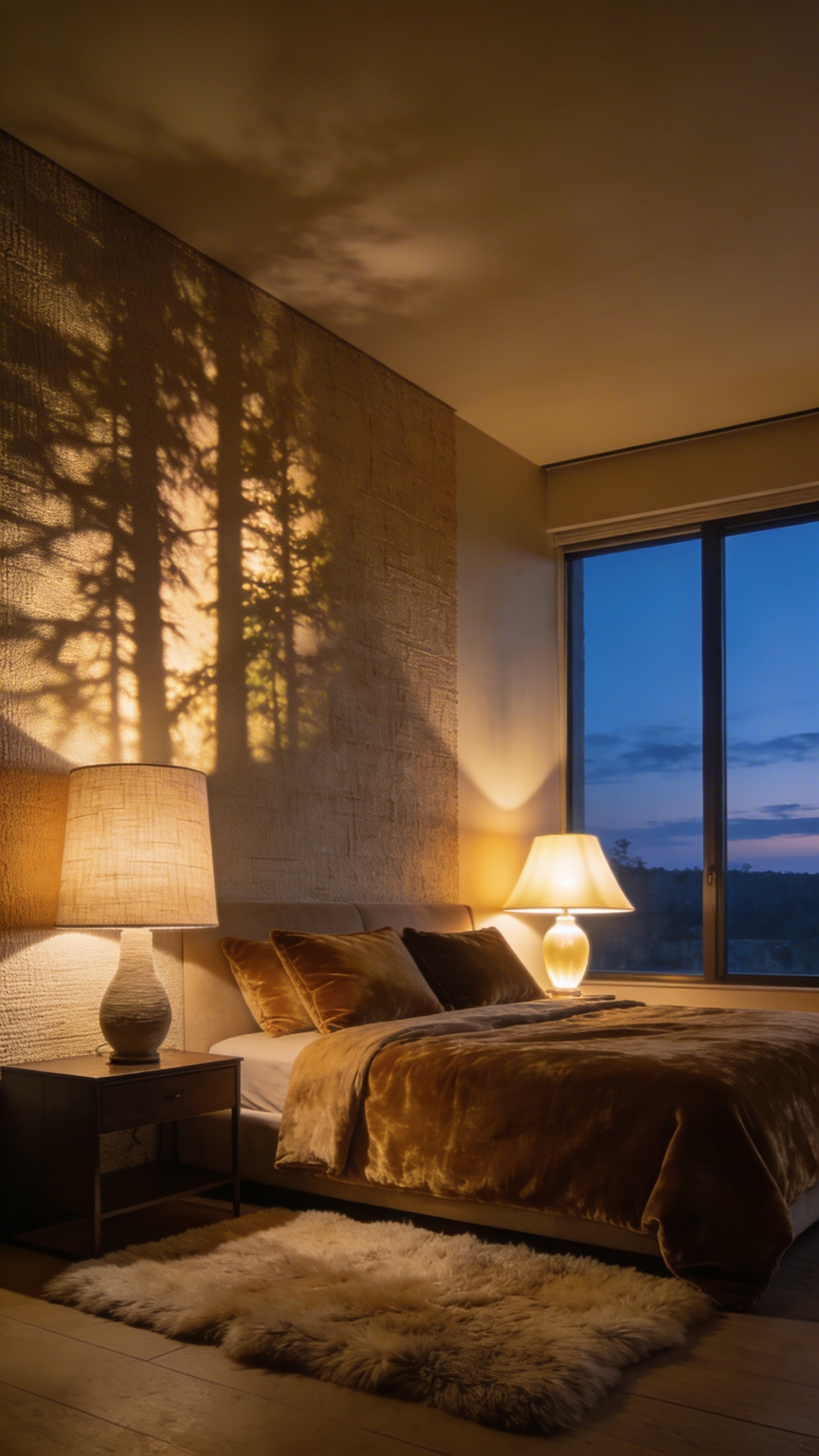 A luxury bedroom featuring bedside lamps with linen and silk shades that cast soft, dappled light across the room.