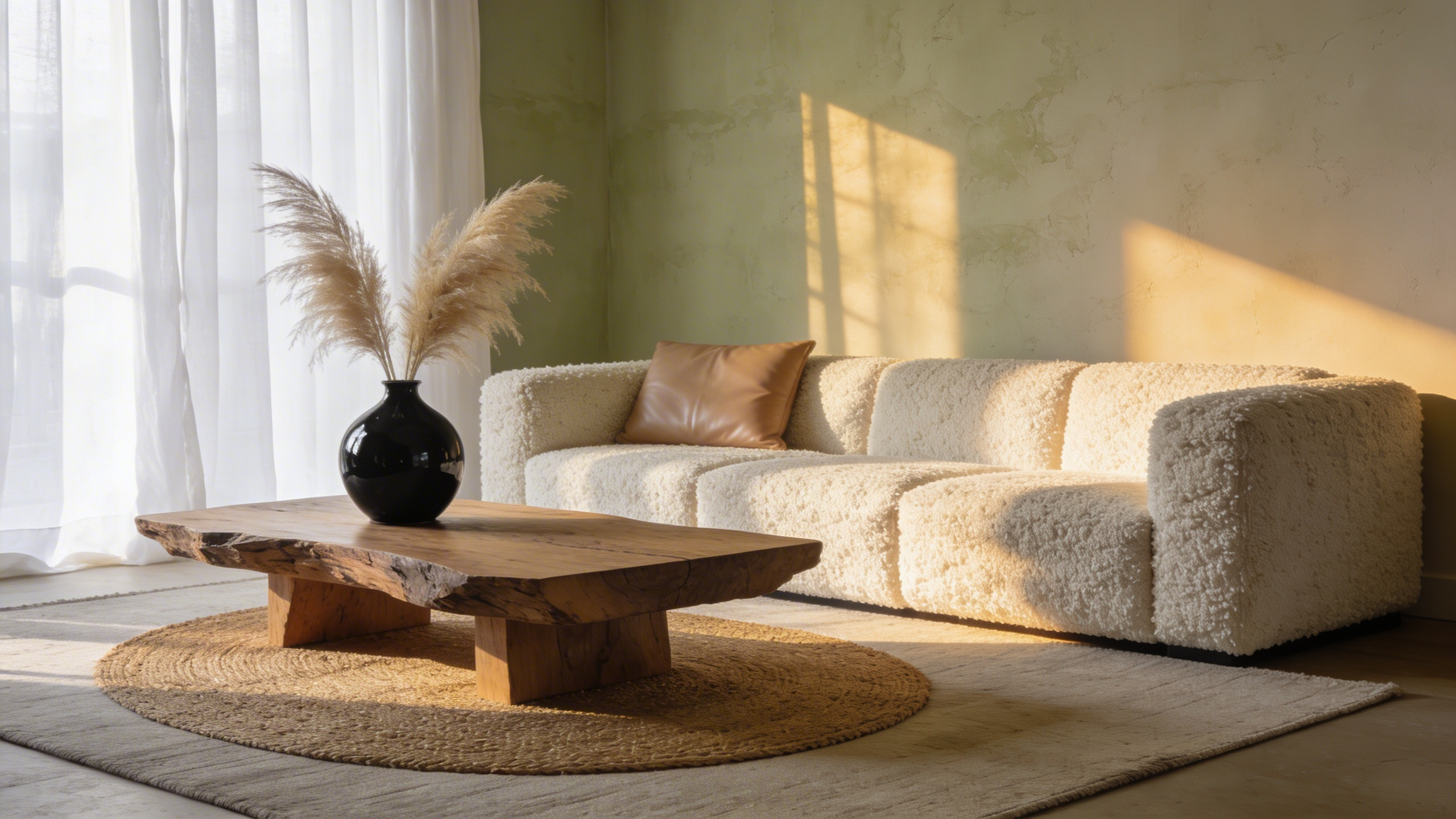 A contemporary living room design showcasing visual tension by placing a rough boucle sofa and a raw wood table next to smooth leather and polished brass elements, perfect for evolving living room styling ideas.