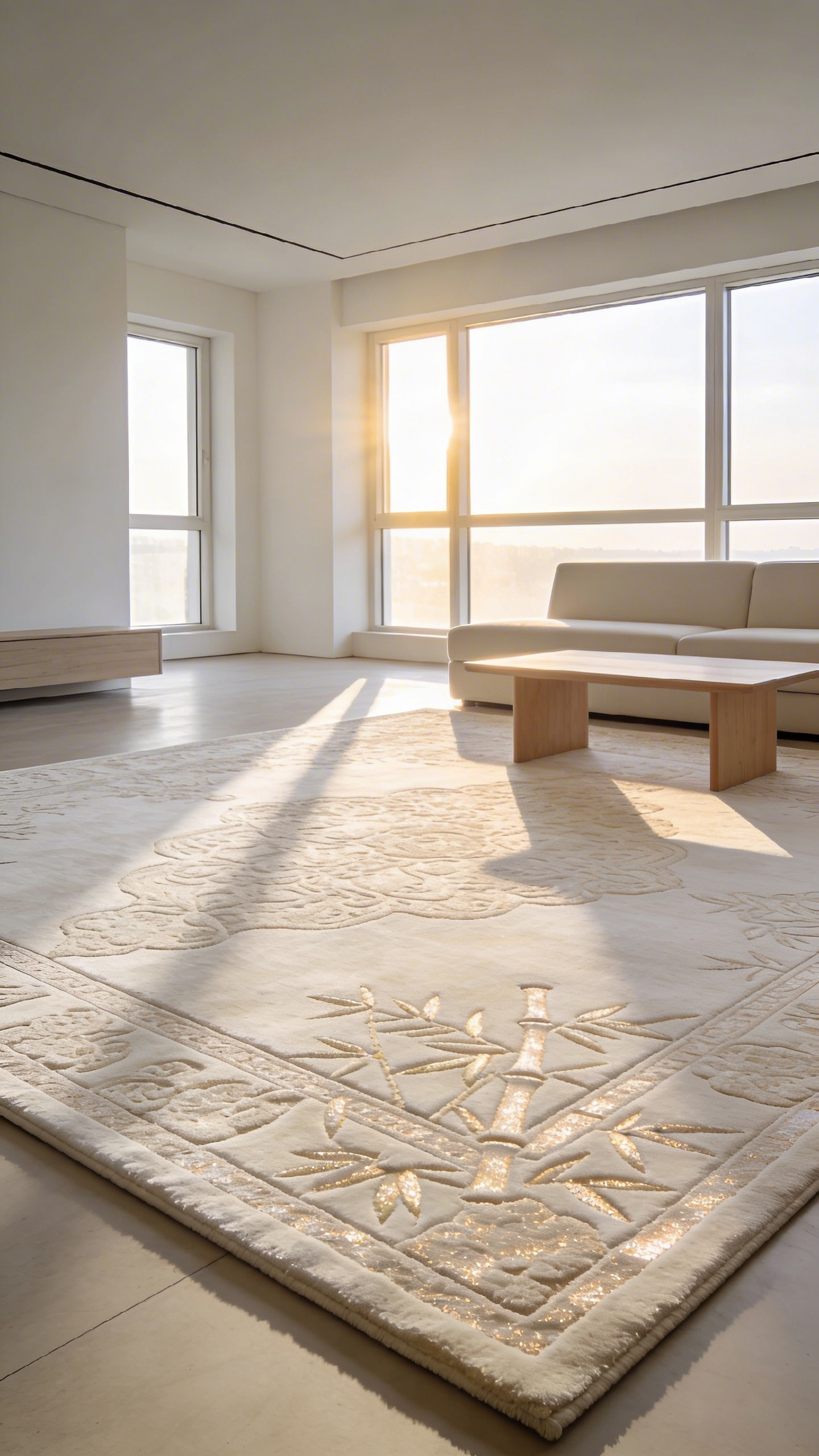 A bright minimalist living room with a large cream-colored rug featuring subtle tone-on-tone textures and a high-low pattern.