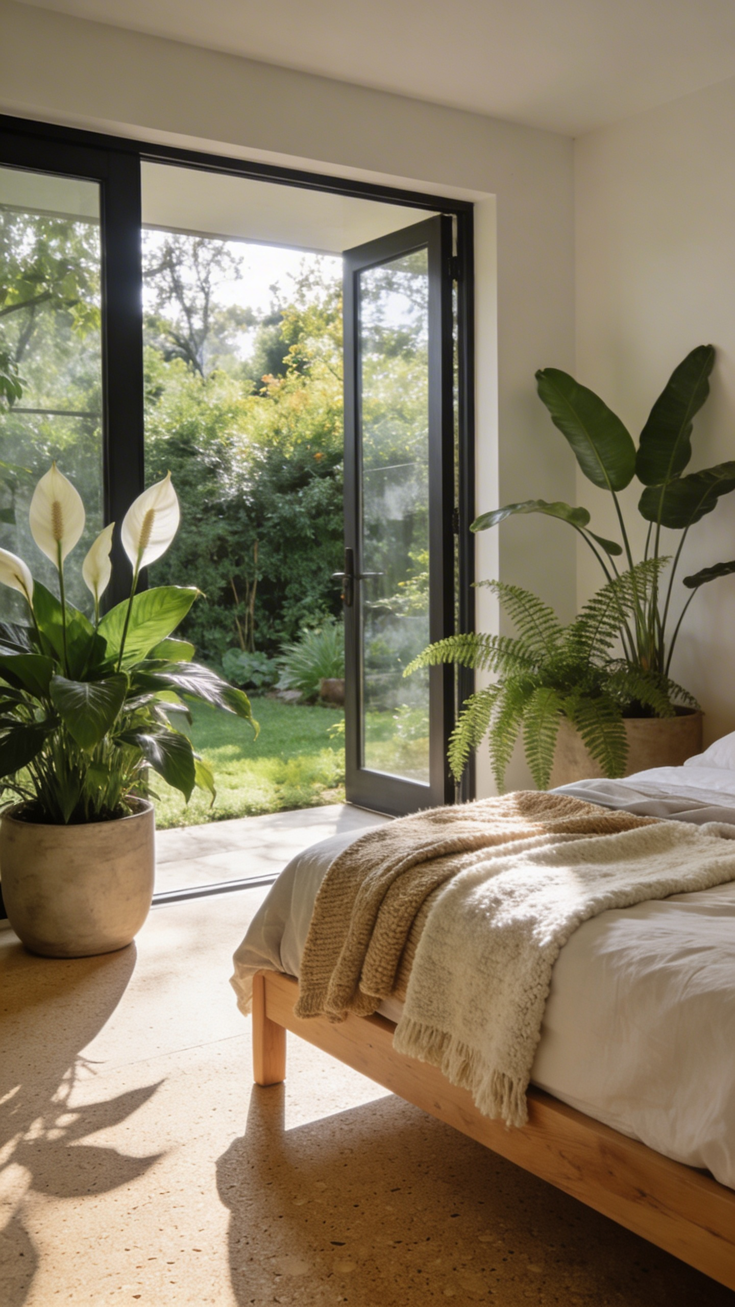 A spacious master bedroom with an organic mattress and eco-friendly furnishings bathed in natural light for a toxin-free home environment.