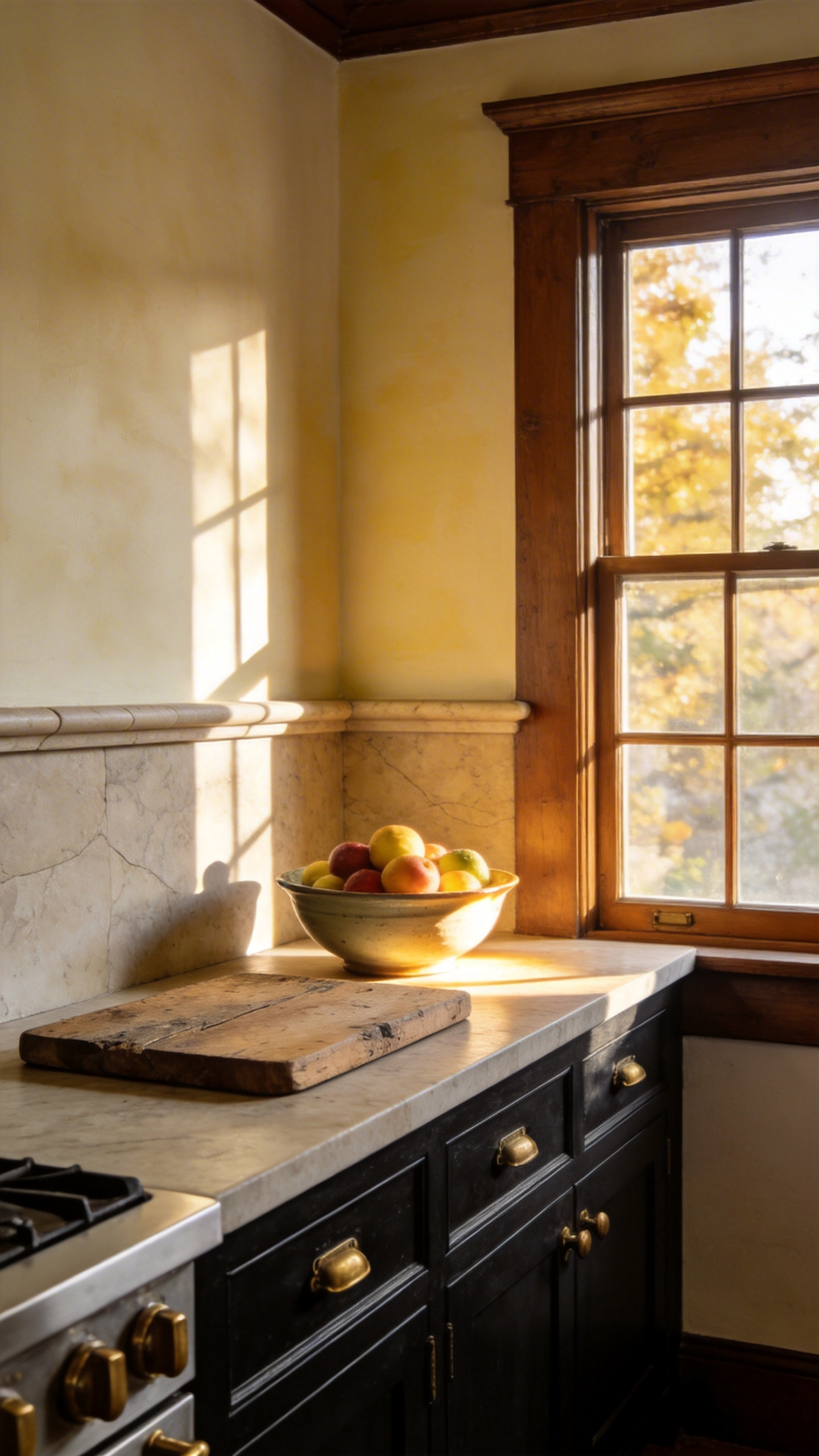 A traditional kitchen featuring a minimalist 4-inch soapstone backsplash rise and warm lime wash plaster walls.