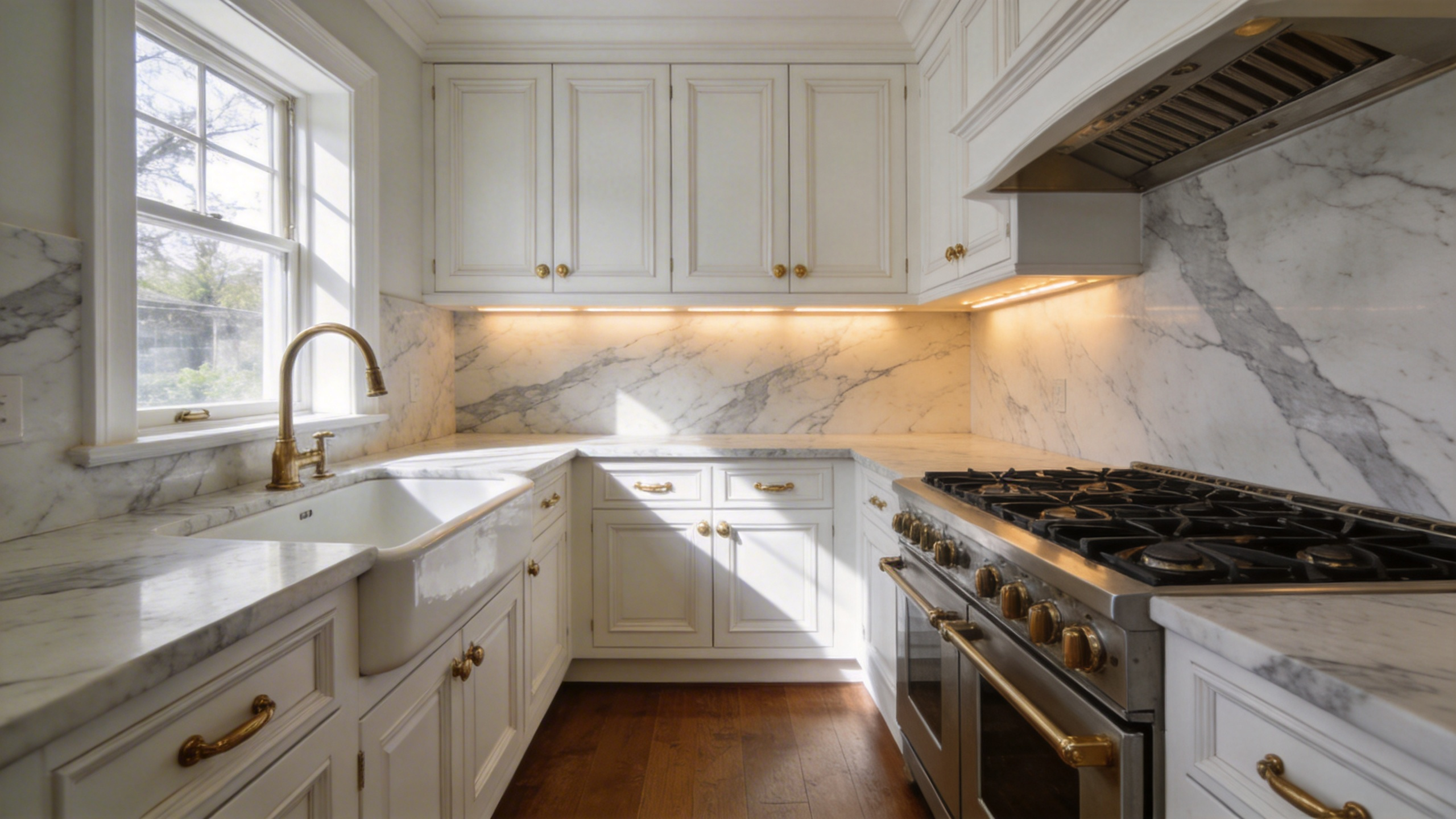 A full view of a traditional kitchen with white cabinetry and a four-inch natural stone backsplash made of Carrara marble.