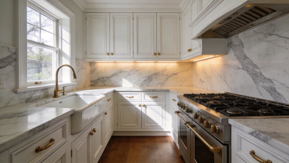 A full view of a traditional kitchen with white cabinetry and a four-inch natural stone backsplash made of Carrara marble.