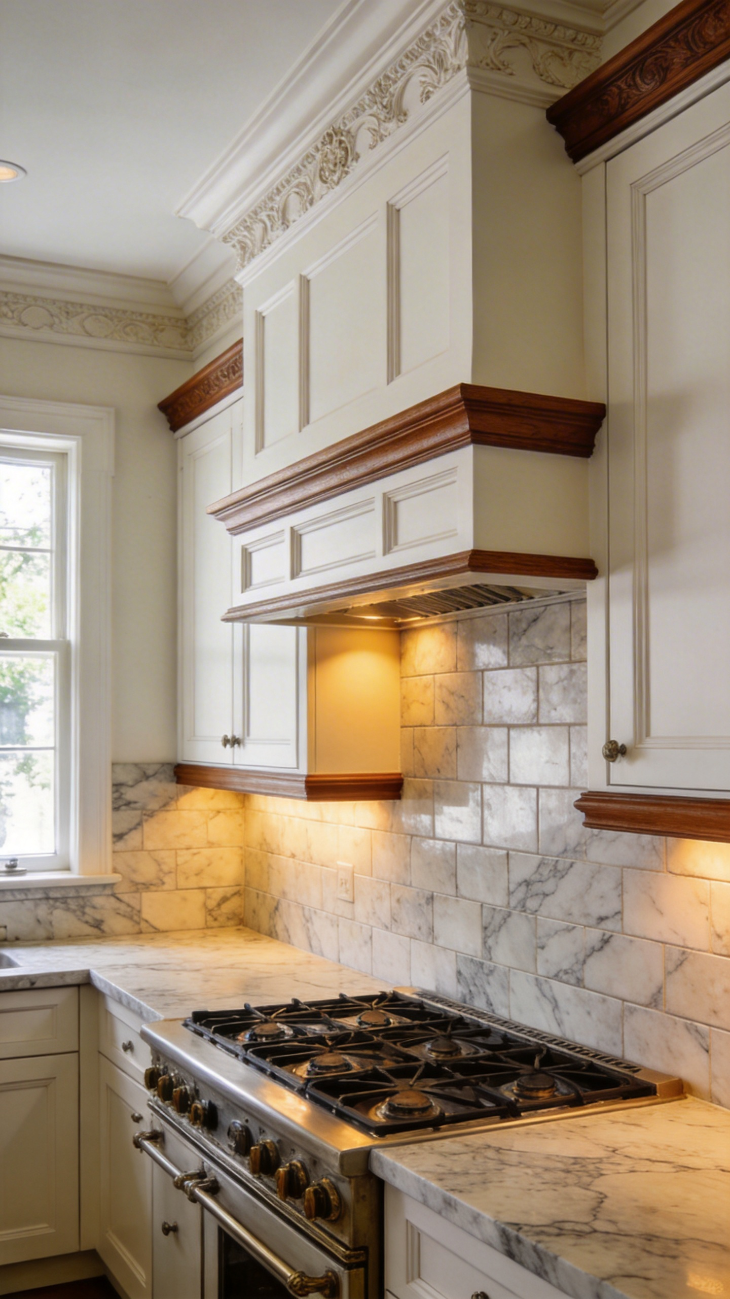 A detailed view of a traditional kitchen backsplash featuring marble tiles and elegant wood cap molding integrated with custom cabinetry.