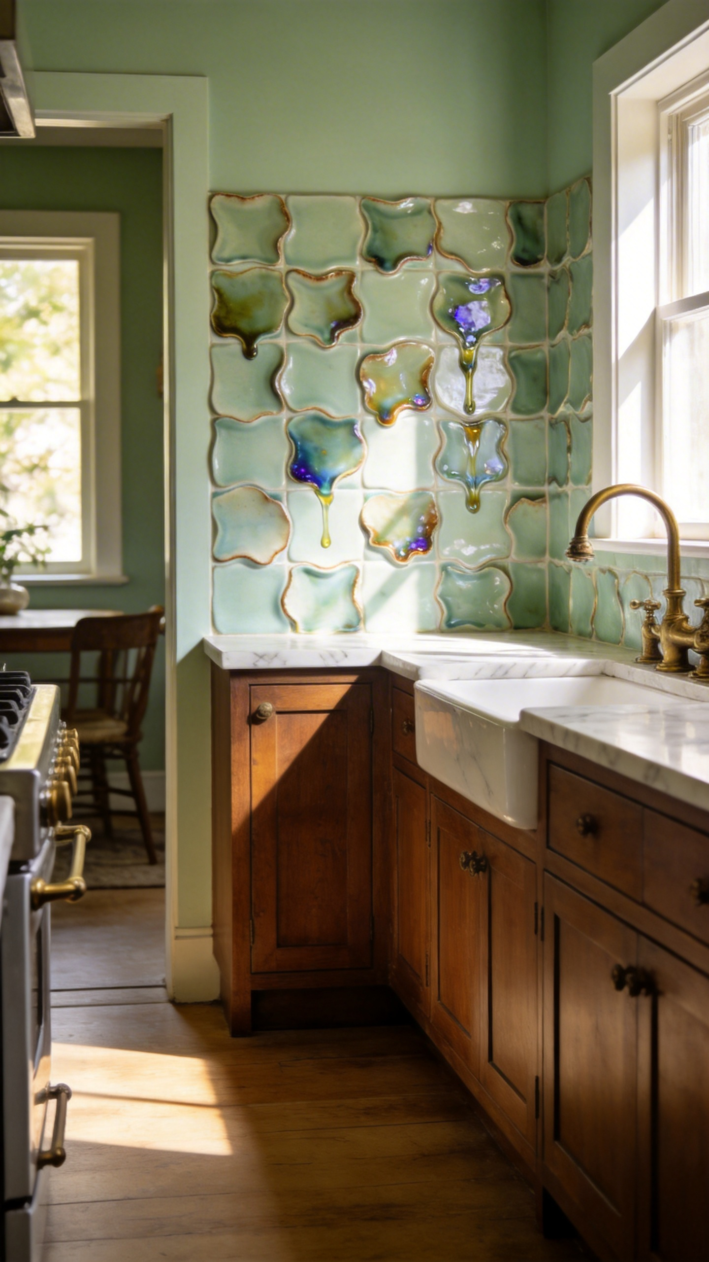 A full view of a luxury traditional kitchen featuring a hand-molded ceramic tile backsplash with subtle color variations and a glossy finish.
