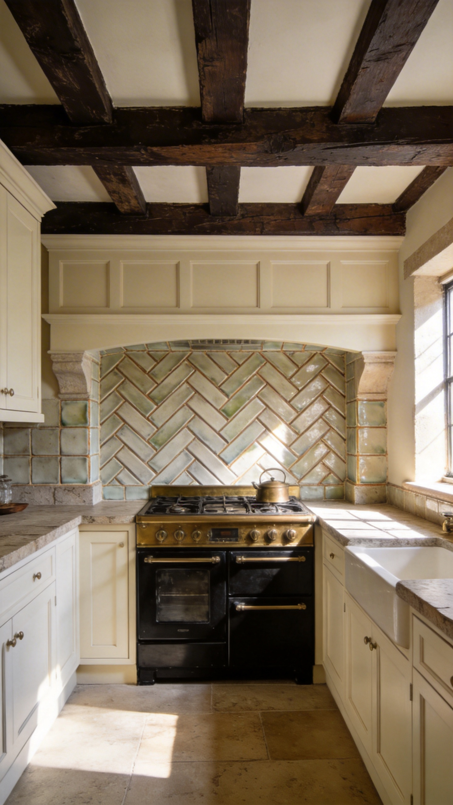 A full view of a luxury traditional kitchen with a thick herringbone tile backsplash and dark wood accents.