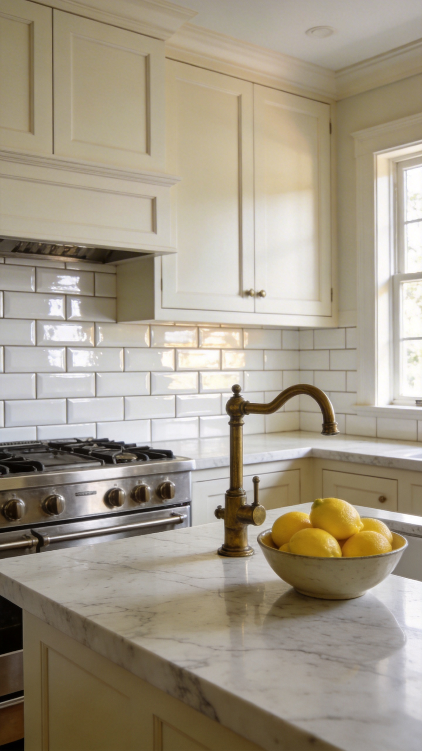 A traditional kitchen featuring a white 3x6 subway tile backsplash in a running bond pattern with marble countertops and cream cabinets.