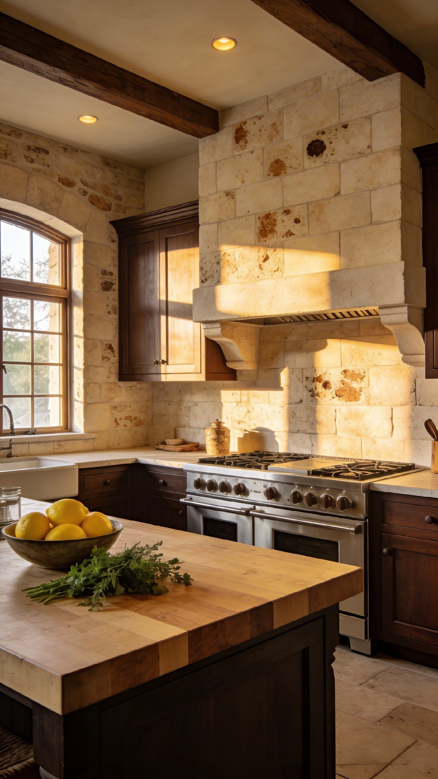 A spacious traditional kitchen featuring a textured tumbled travertine backsplash and dark wood cabinets in a rustic European style.