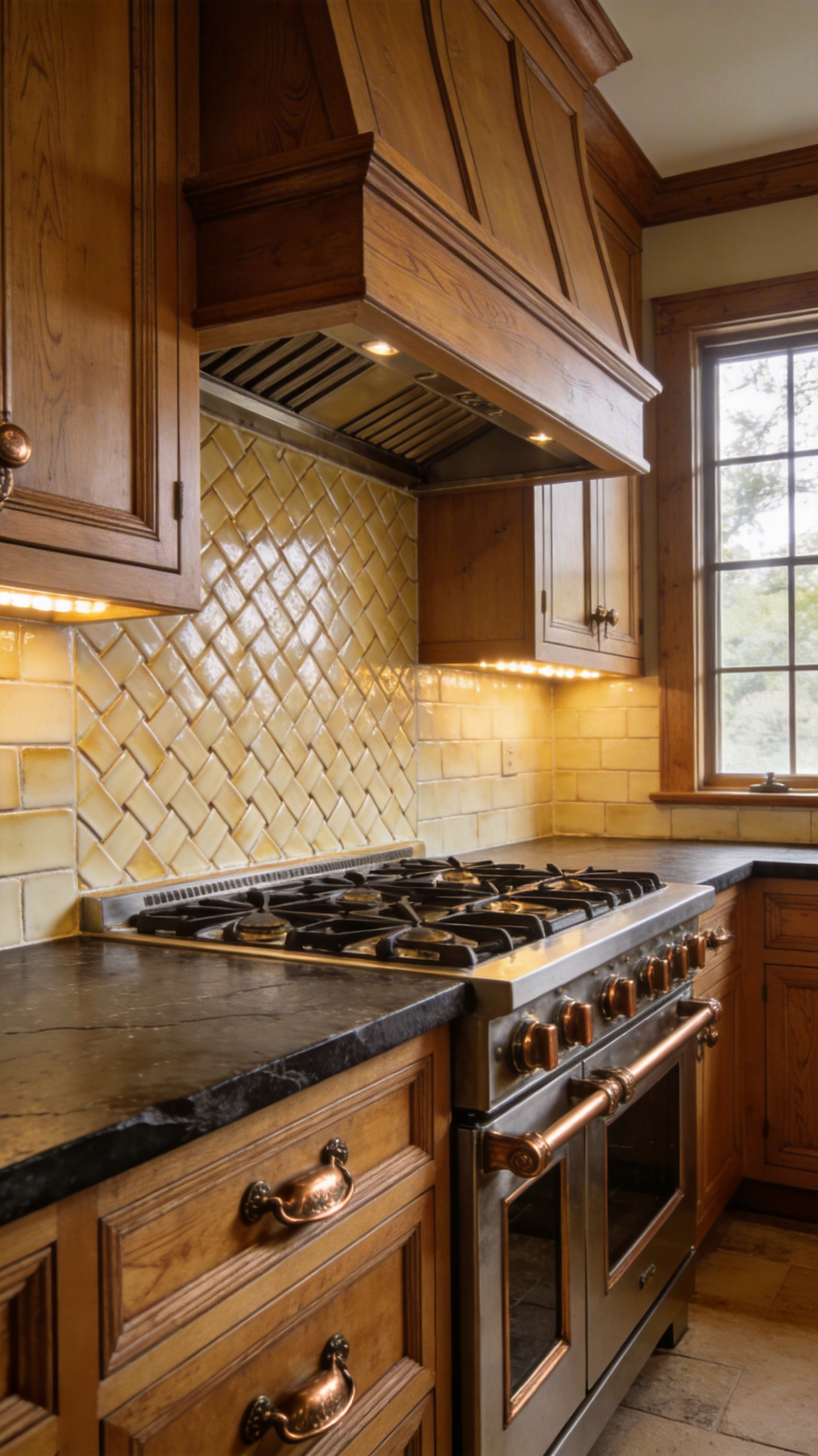 A full view of a traditional kitchen featuring a creamy basketweave tile backsplash and warm wood cabinetry in an Arts and Crafts style.