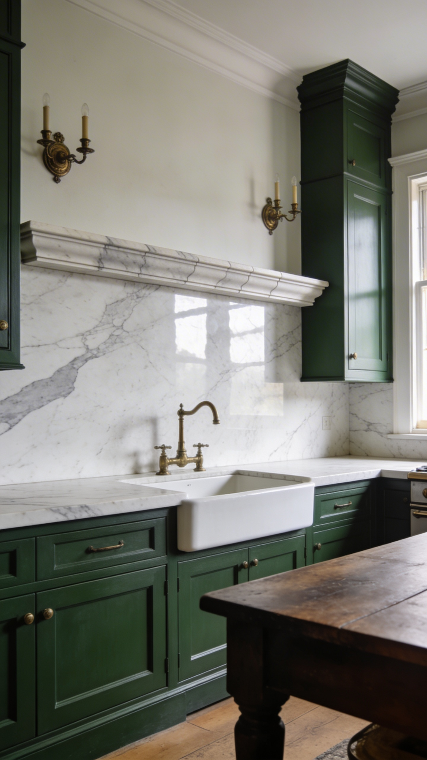 A traditional kitchens backsplash featuring a thick honed Carrara marble slab with a raised upstand behind a white sink in a Victorian kitchen.