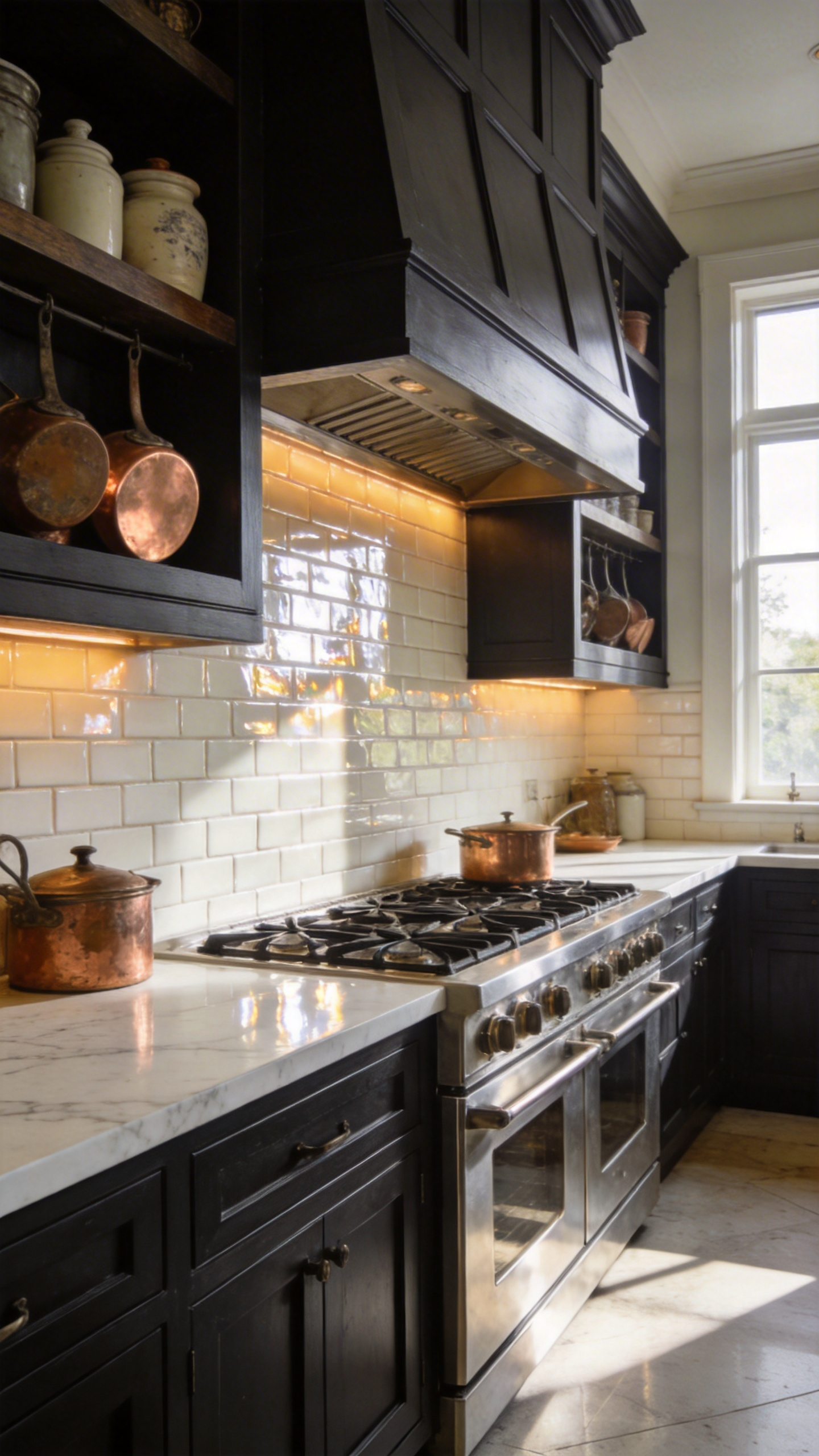 A bright traditional kitchen featuring a glossy white glazed thin brick backsplash and dark cabinetry.