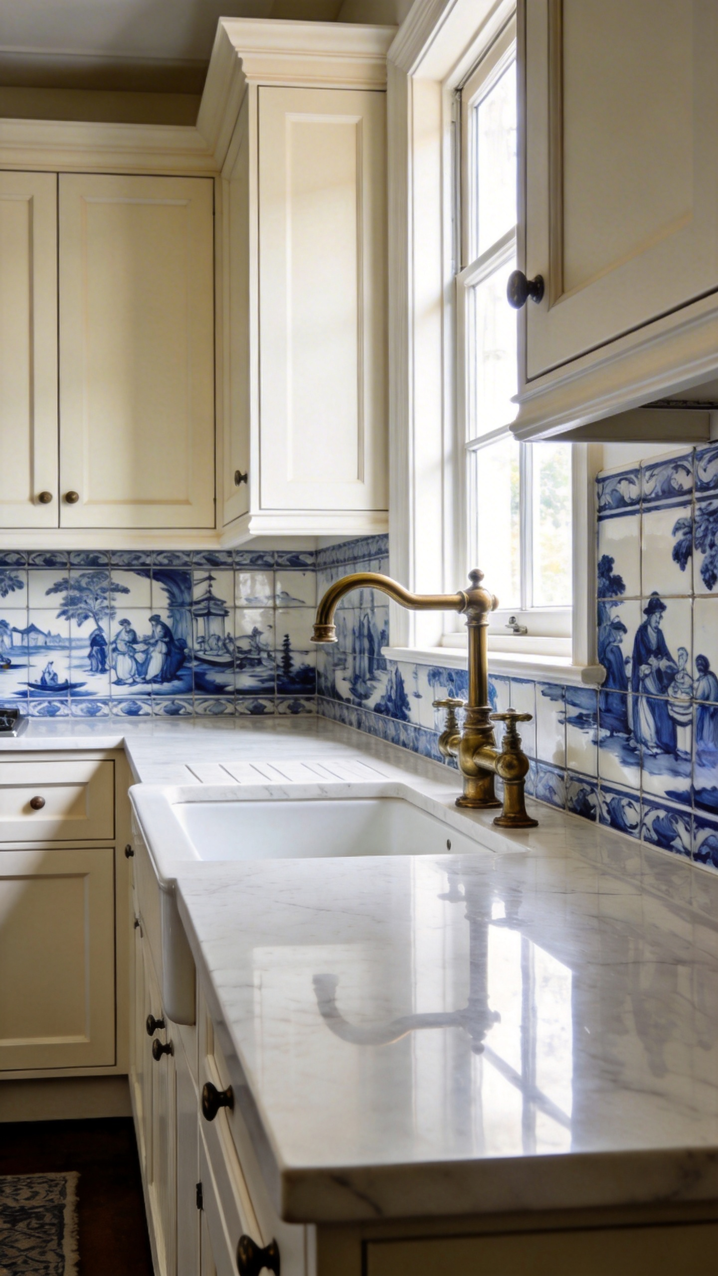 A high-end traditional kitchen featuring a hand-painted Delft narrative tile backsplash and white marble countertops.