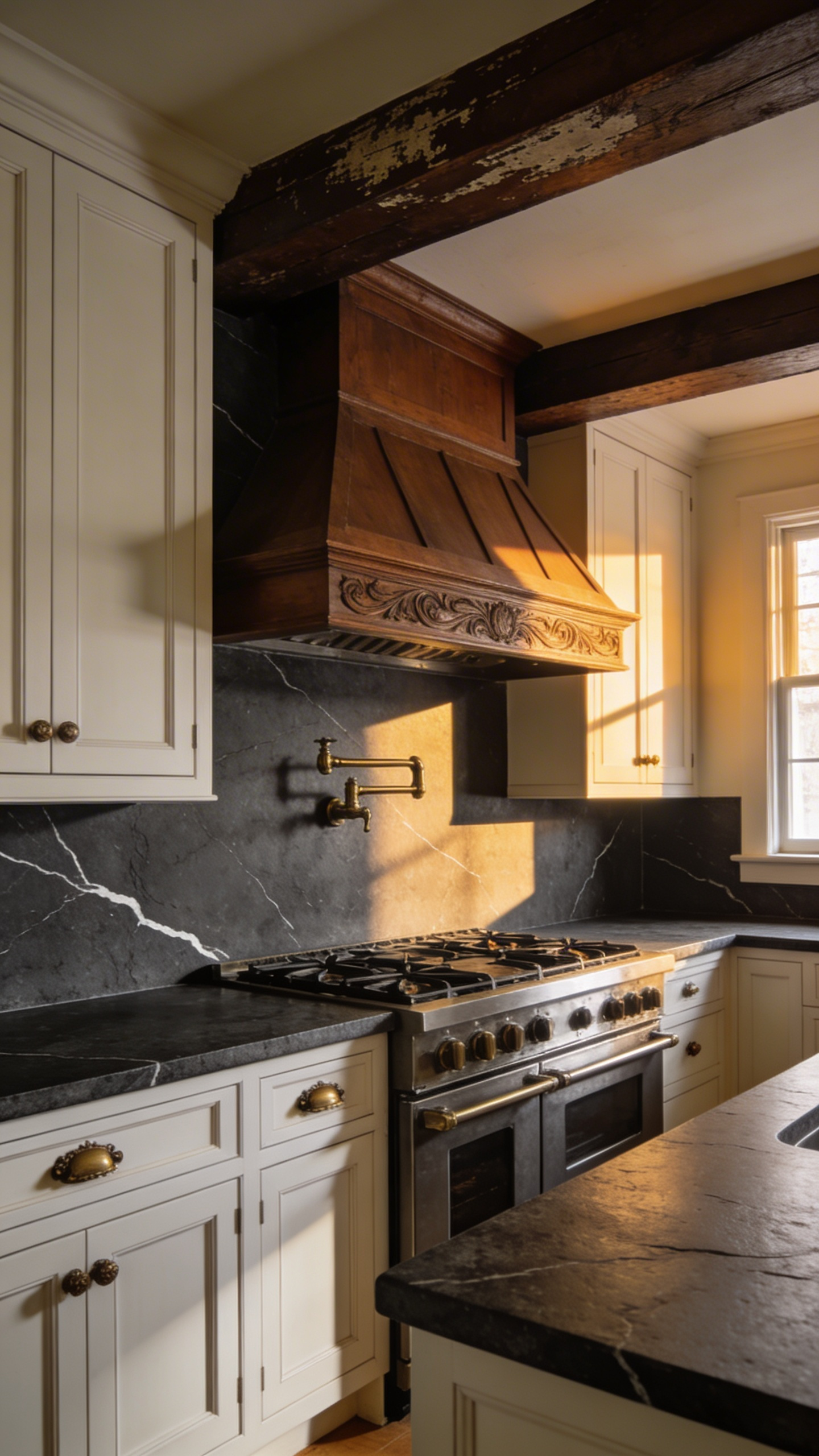 A traditional kitchen design featuring a solid dark charcoal soapstone backsplash behind a professional-grade range with matching stone countertops and cream cabinetry.