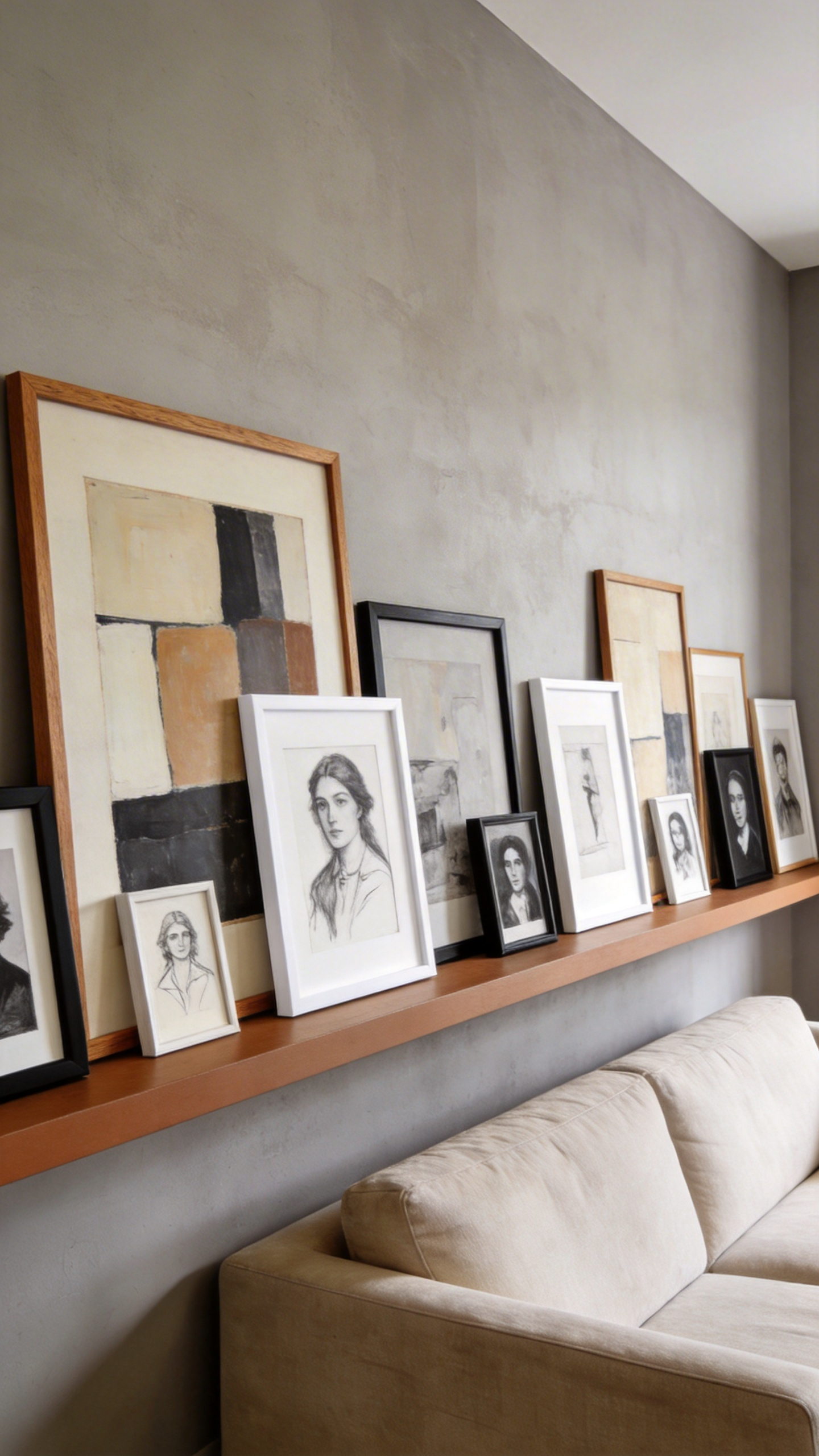A modern transitional living room wall featuring a sophisticated art ledge painted the same color as the warm griege wall, allowing a diverse collection of framed art to lean and appear to float.