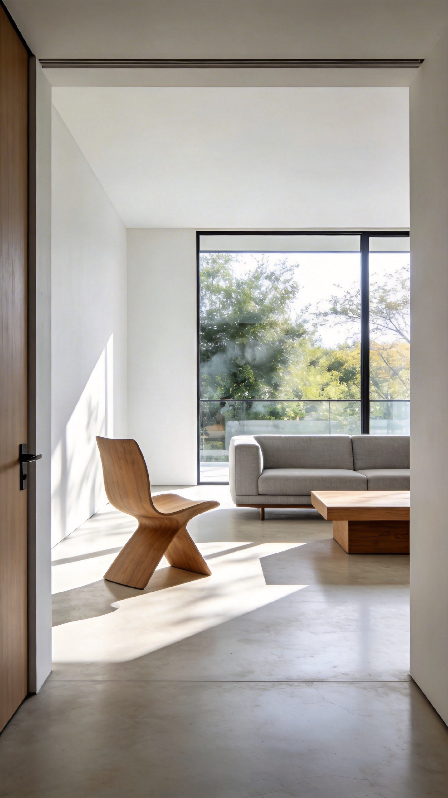 A minimalist living room layout with a clear sightline, neutral furniture, and soft natural light designed to minimize cognitive load.