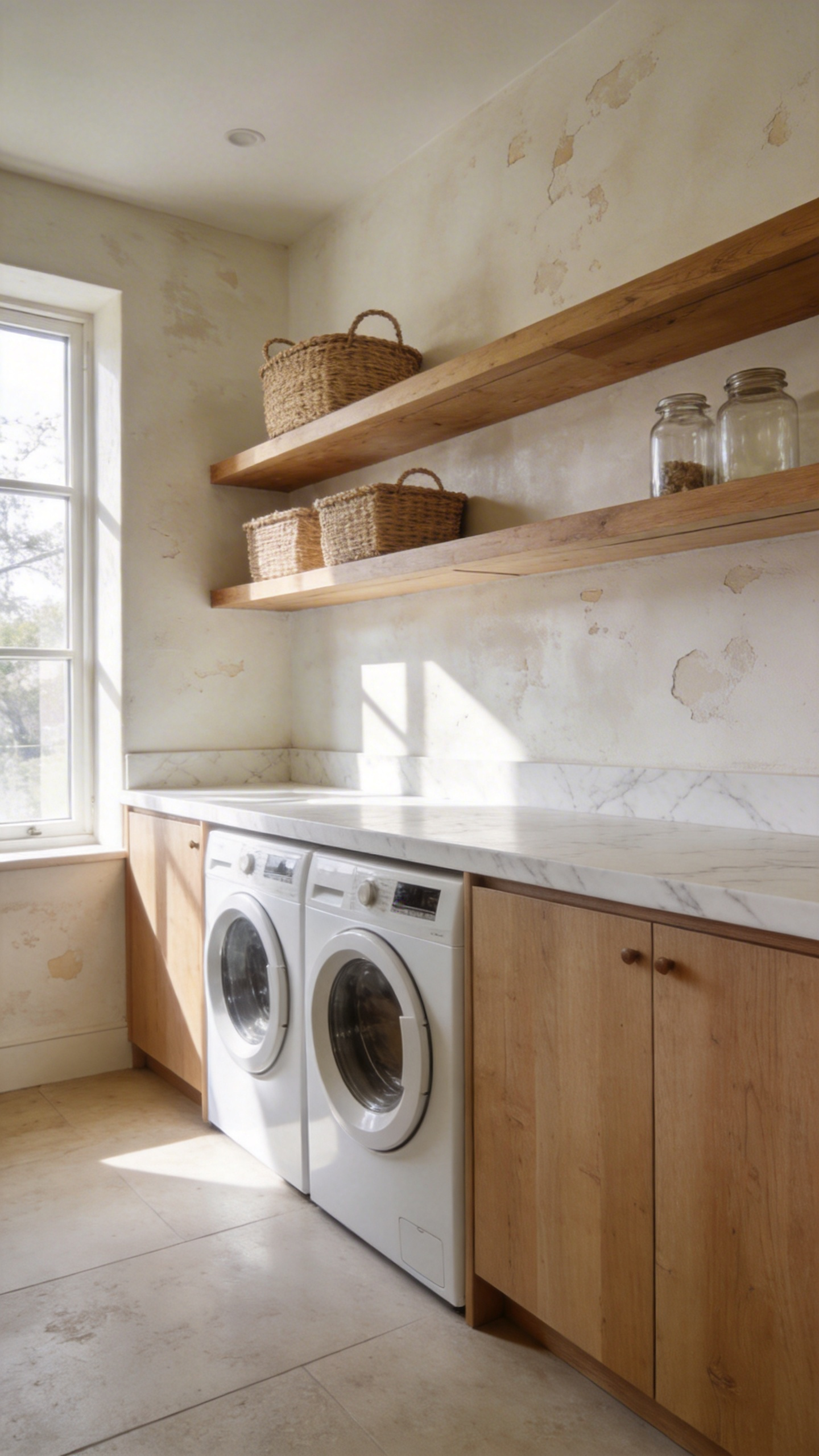 A bright and airy laundry room featuring textured limewash walls, natural oak cabinetry, and modern white appliances under a marble countertop.