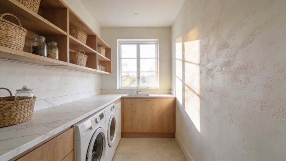 A bright and airy laundry room featuring textured limewash walls, natural oak cabinetry, and modern white appliances under a marble countertop.