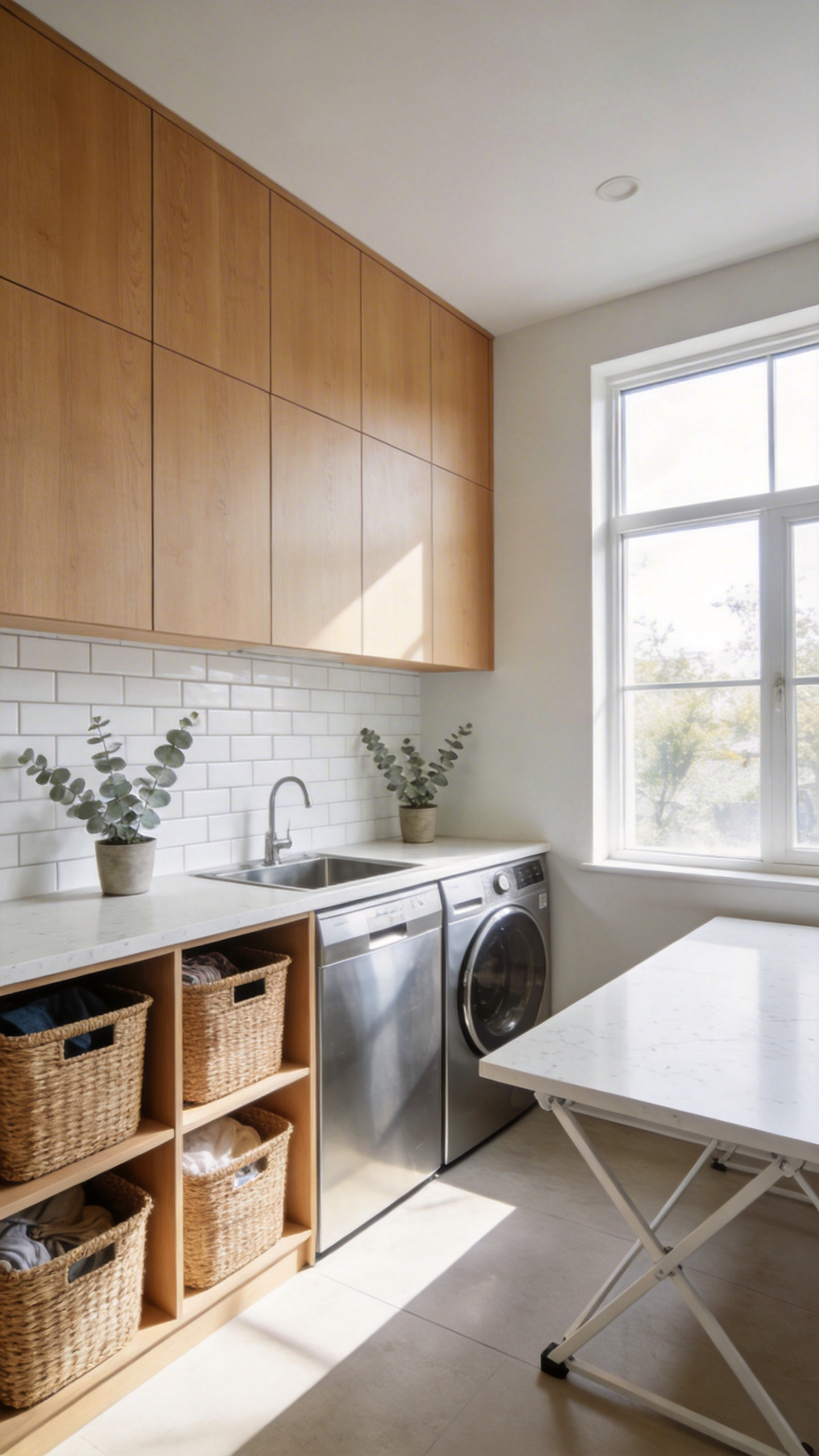 A modern and organized laundry room featuring a three-zone layout with sorting bins, washing machines, and a large folding countertop in a bright natural setting.