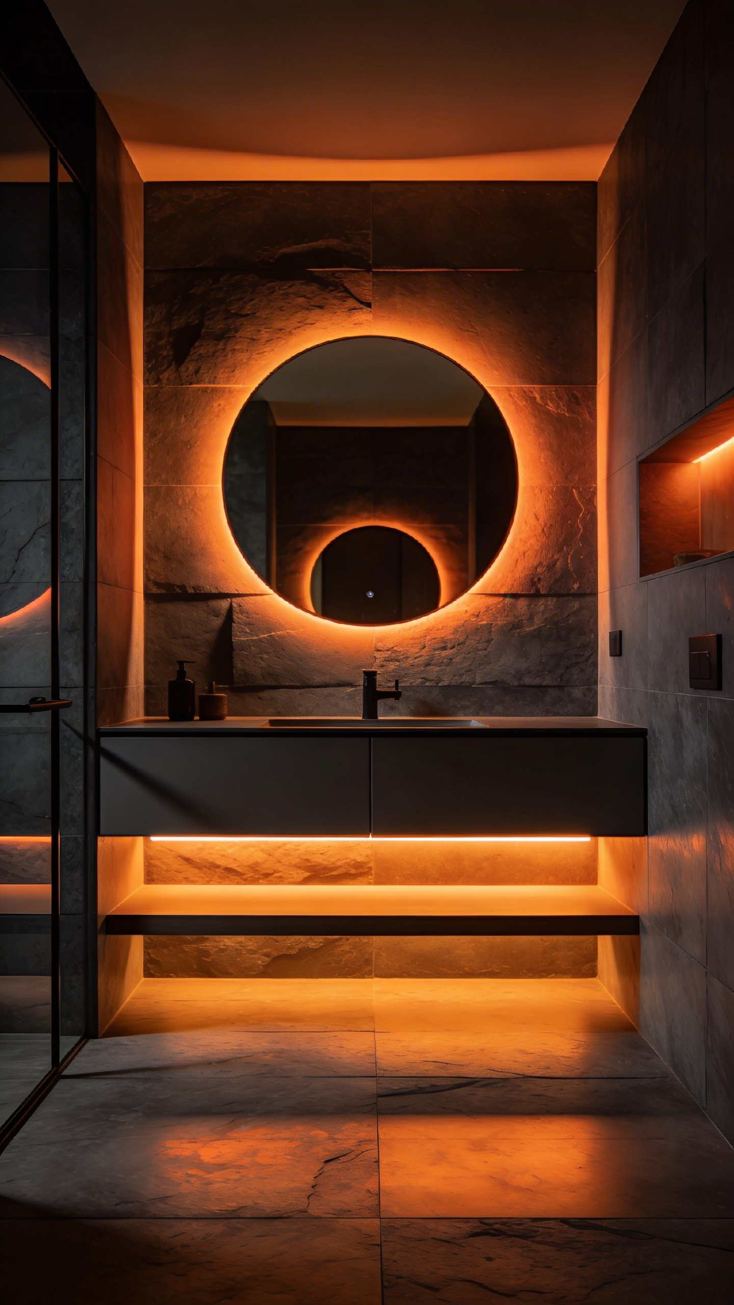 A modern small bathroom interior illuminated with warm amber night lighting to protect the natural sleep cycle.