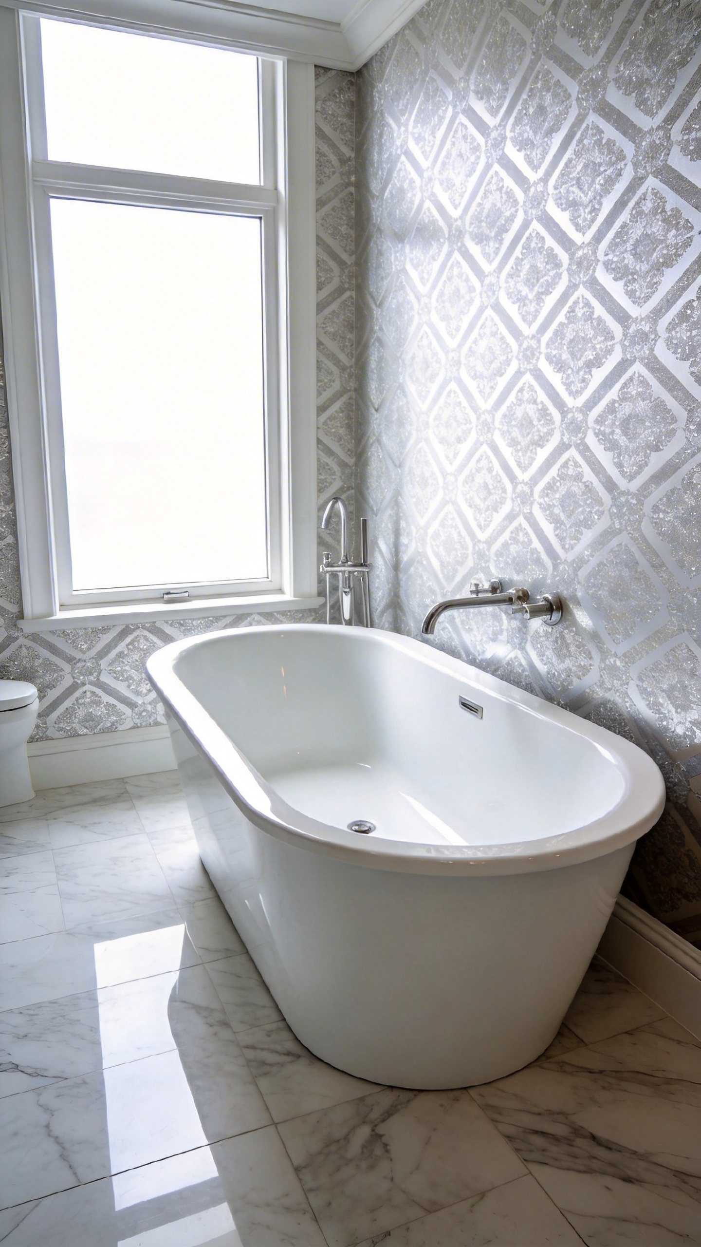 A luxury bathroom interior showcasing antimicrobial wallpaper with a silver pattern behind a white freestanding bathtub in bright natural light.