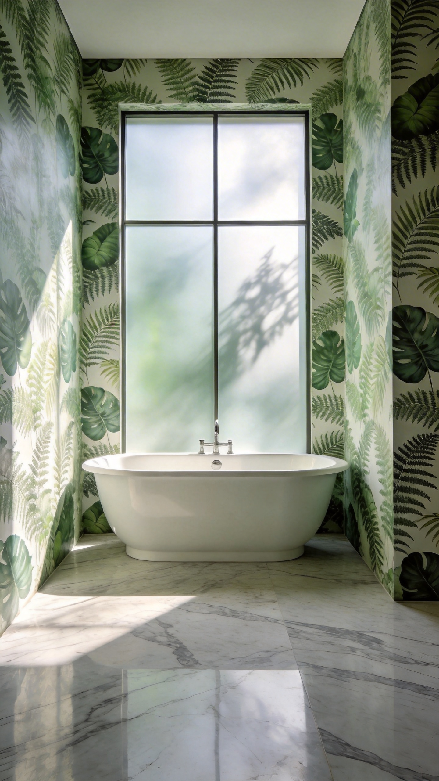 A luxurious bathroom featuring green botanical wallpaper and marble flooring designed for stress reduction and visual harmony.