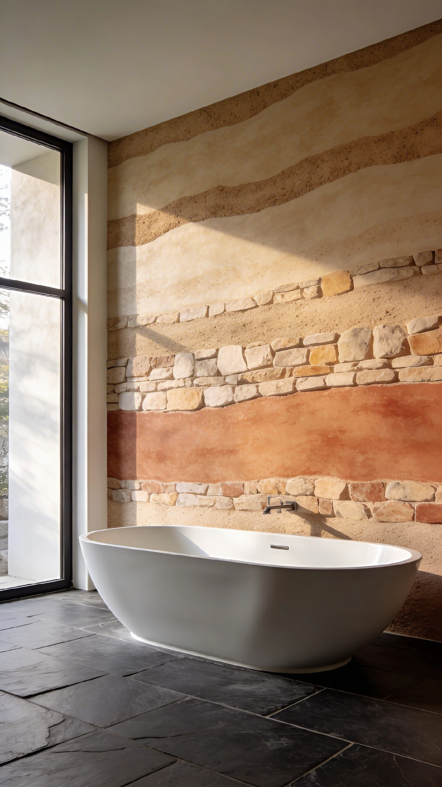 A luxurious bathroom featuring textured sandy wallpaper and a white freestanding bathtub to demonstrate Feng Shui earth elements.